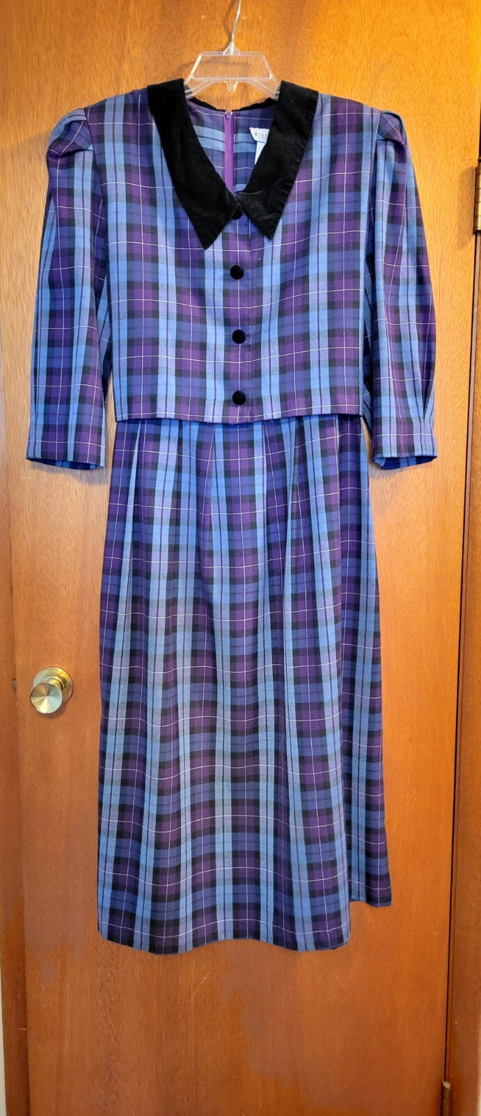 Vtg Miss Dorby 90’s Dress Midi Purple Blue Plaid Velvet Buttons Collar Sz 16
