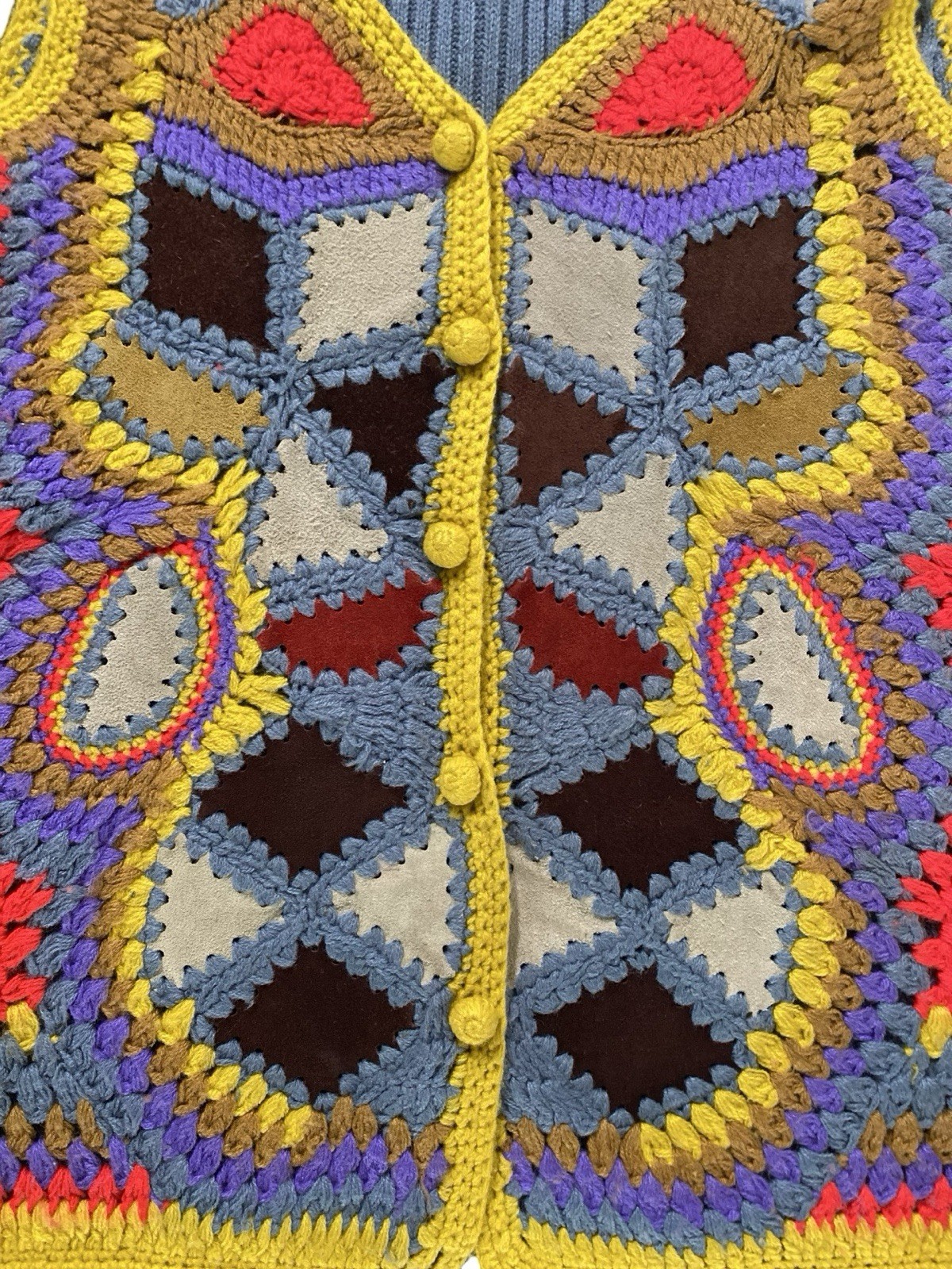 Vintage 70s Aware Acrylic Suede Multicolor Geometric Crochet Vest Size Medium