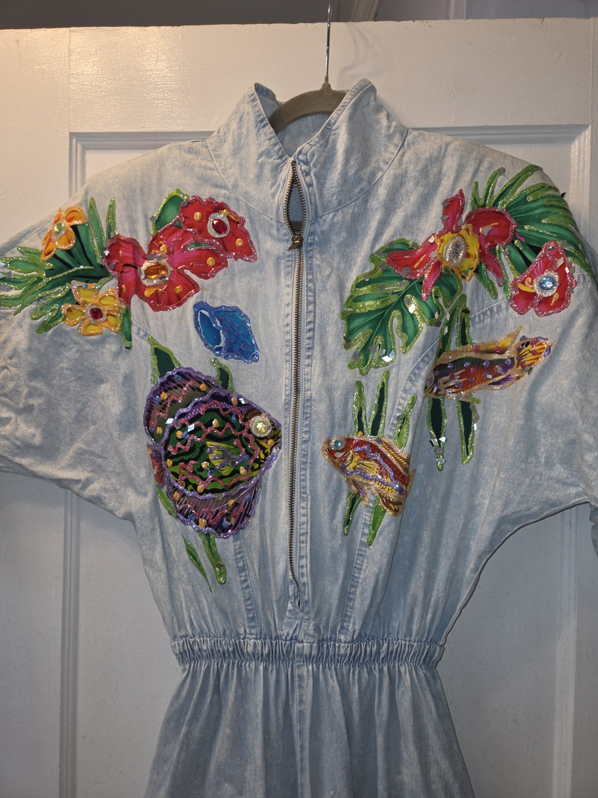 Vintage 80’s OOAK Handpainted Janika Designs Denim Jumpsuit. Fish. Art To Wear M