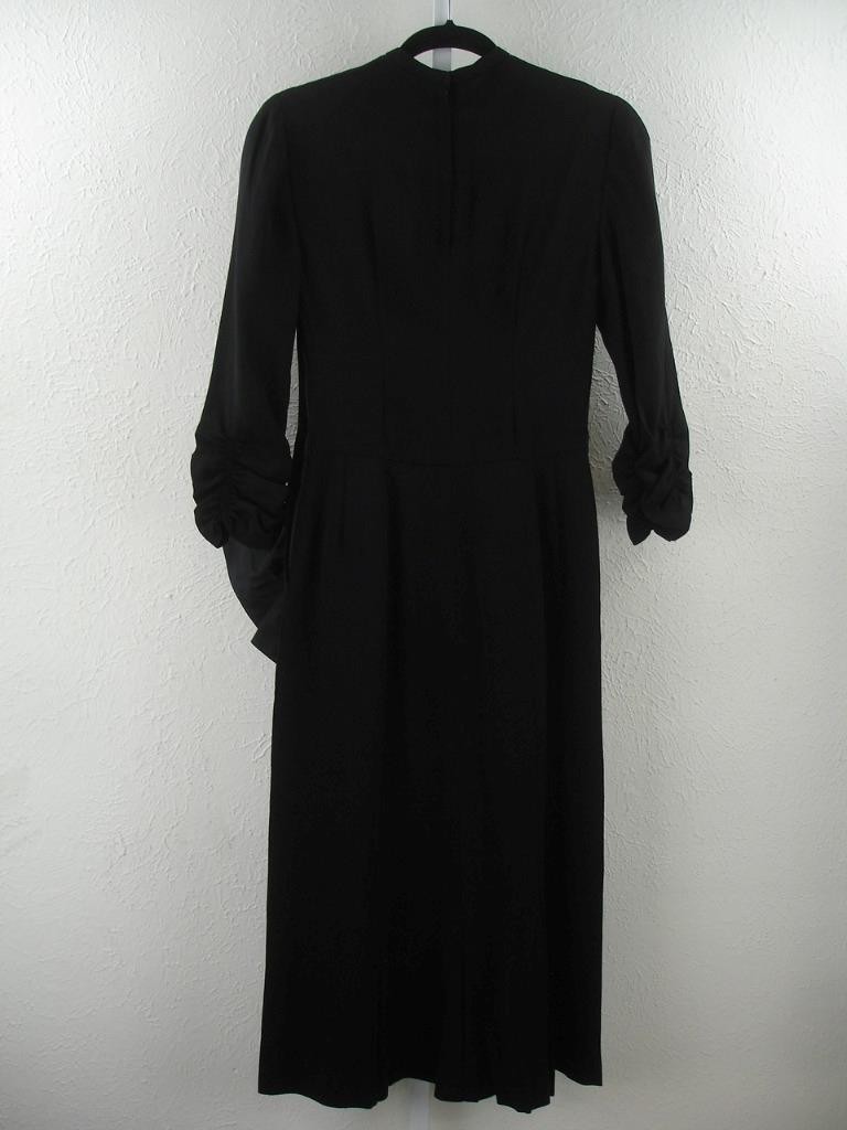 Women’s sz XS Vtg 1920’s Black Crepe Dress Peplum Bow Ruched Sleeves Long Sleeve