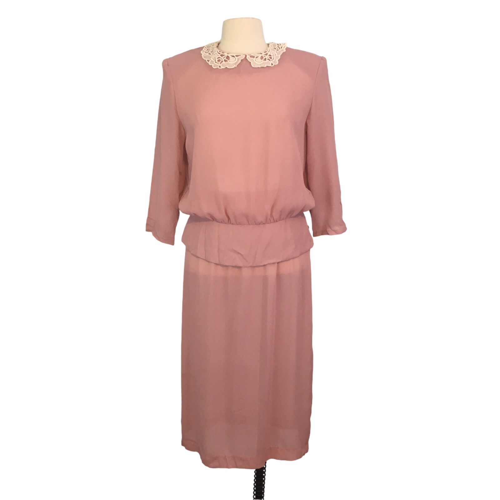 Amy-Deb Vintage 70’s Dusty Pink Sheer 2 pc dress, Lace Collar Cottagecore, sz 12