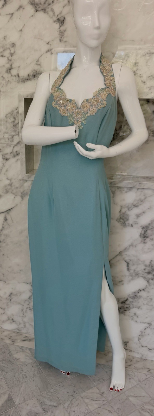 Vintage Roberta Seafoam Blue Halter Evening Gown Beaded Lace Slit Dress 11/12