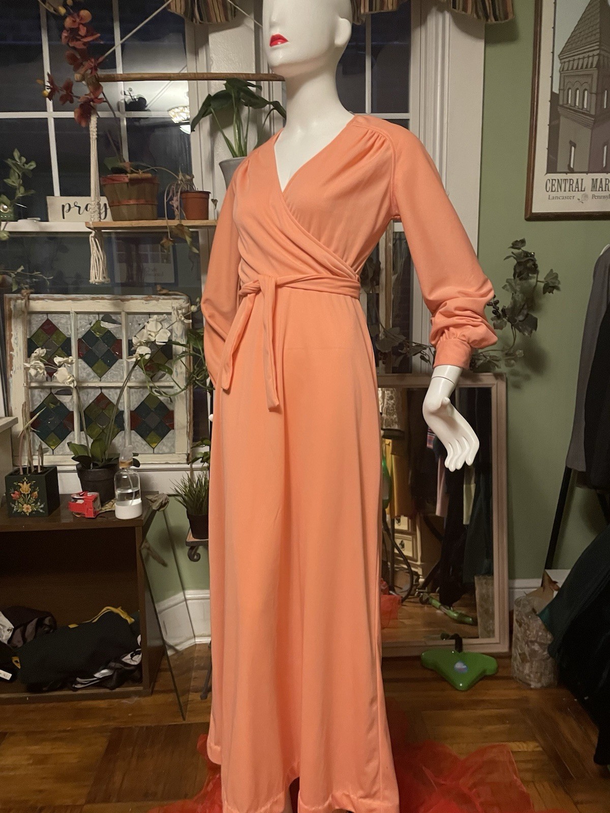 Vtg 60s 70s Faux Wrap Maxi Dress 36 Bust 26 Waist