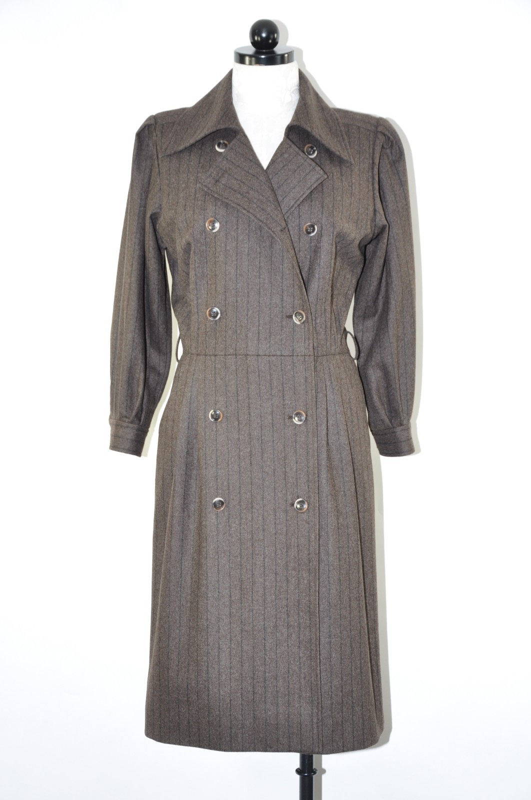 80s Vintage Saint Laurent Rive Gauche Brown Stripe Wool Tweed Coat Dress Women M