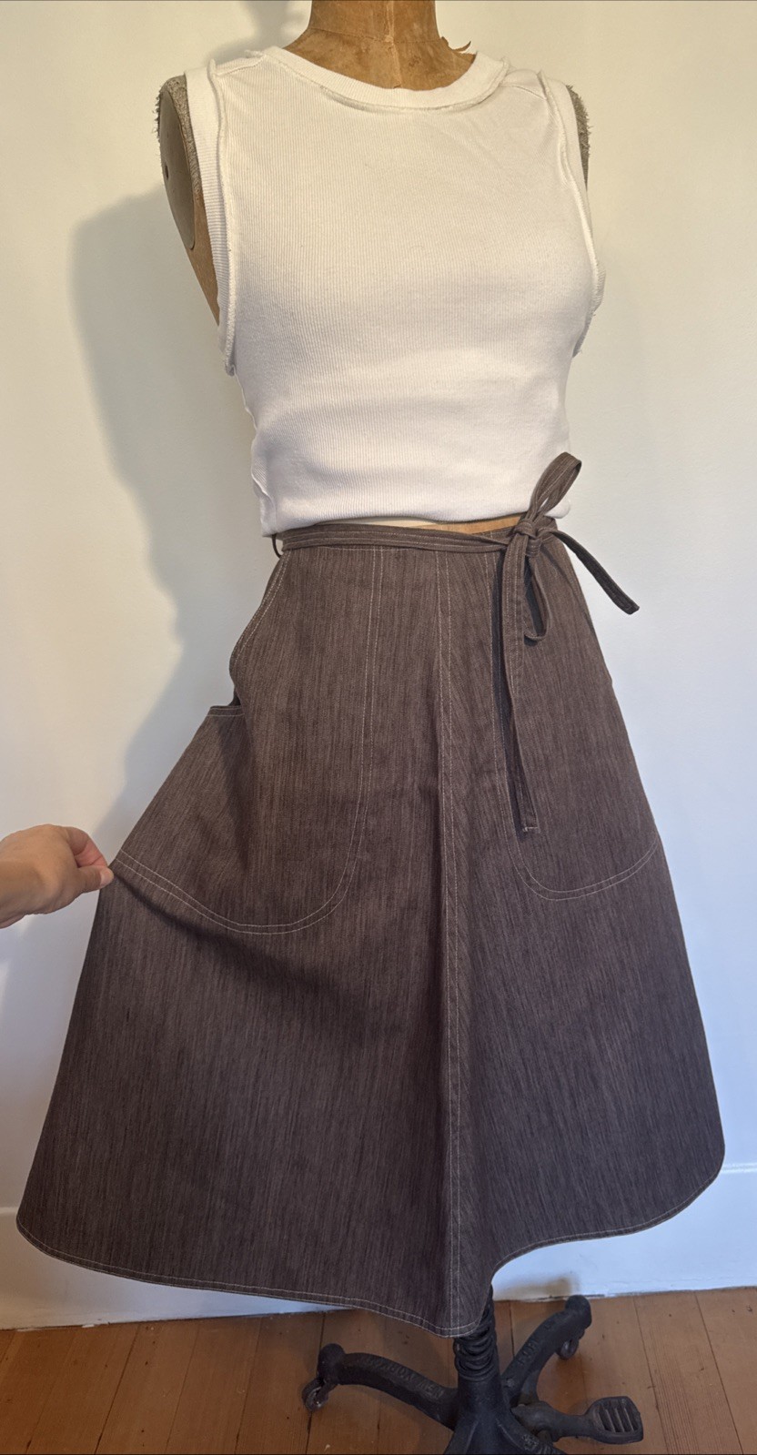 Vintage 70’s A-Line Midi Wrap Utility Skirt Patch Pocket Contrast Stitch S/M