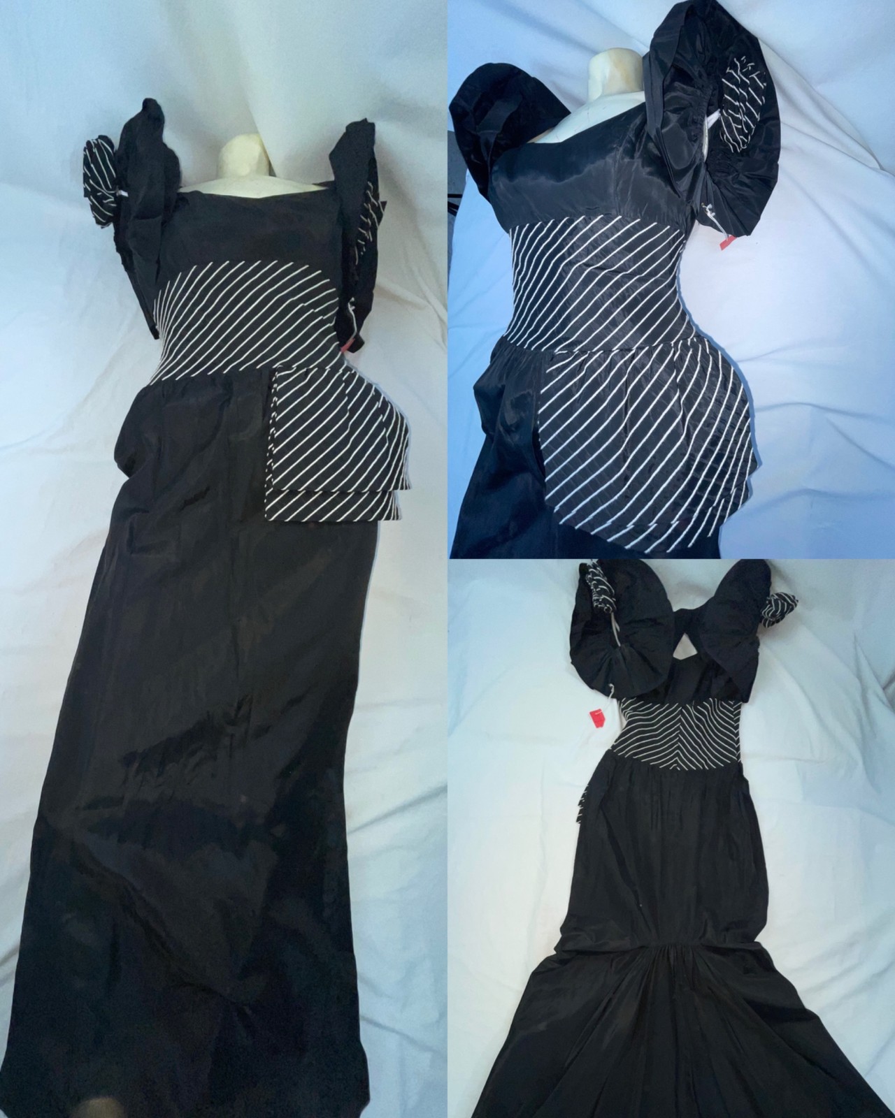 VTG 80S WOMENS S BLACK TAFFETA FORMAL PARTY PROM FISHTAIL EVENING GOWN DRESS