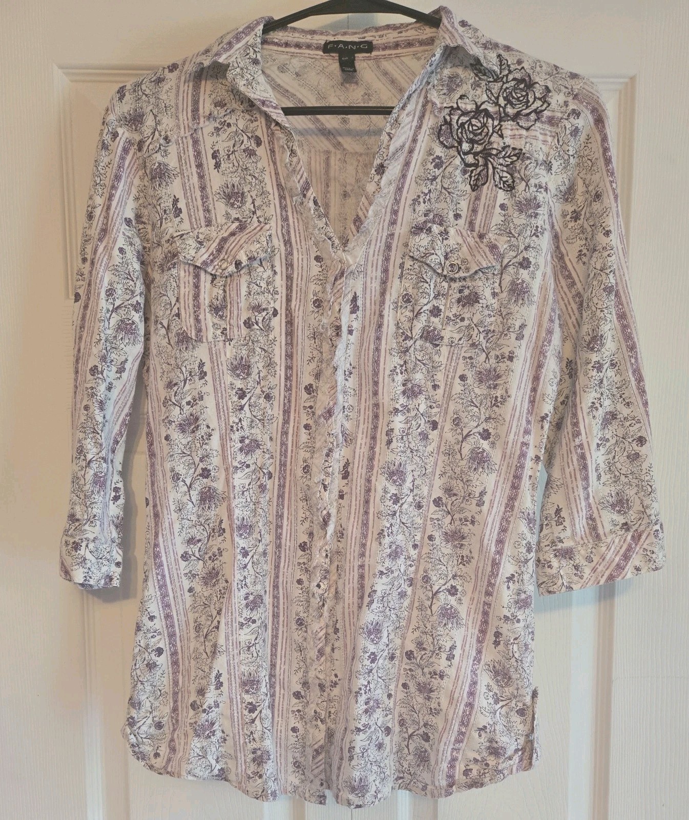 Vtg Fang Floral Blouse Button Down Womens Purple 3/4 Sleeve Y2k Large Embroidery