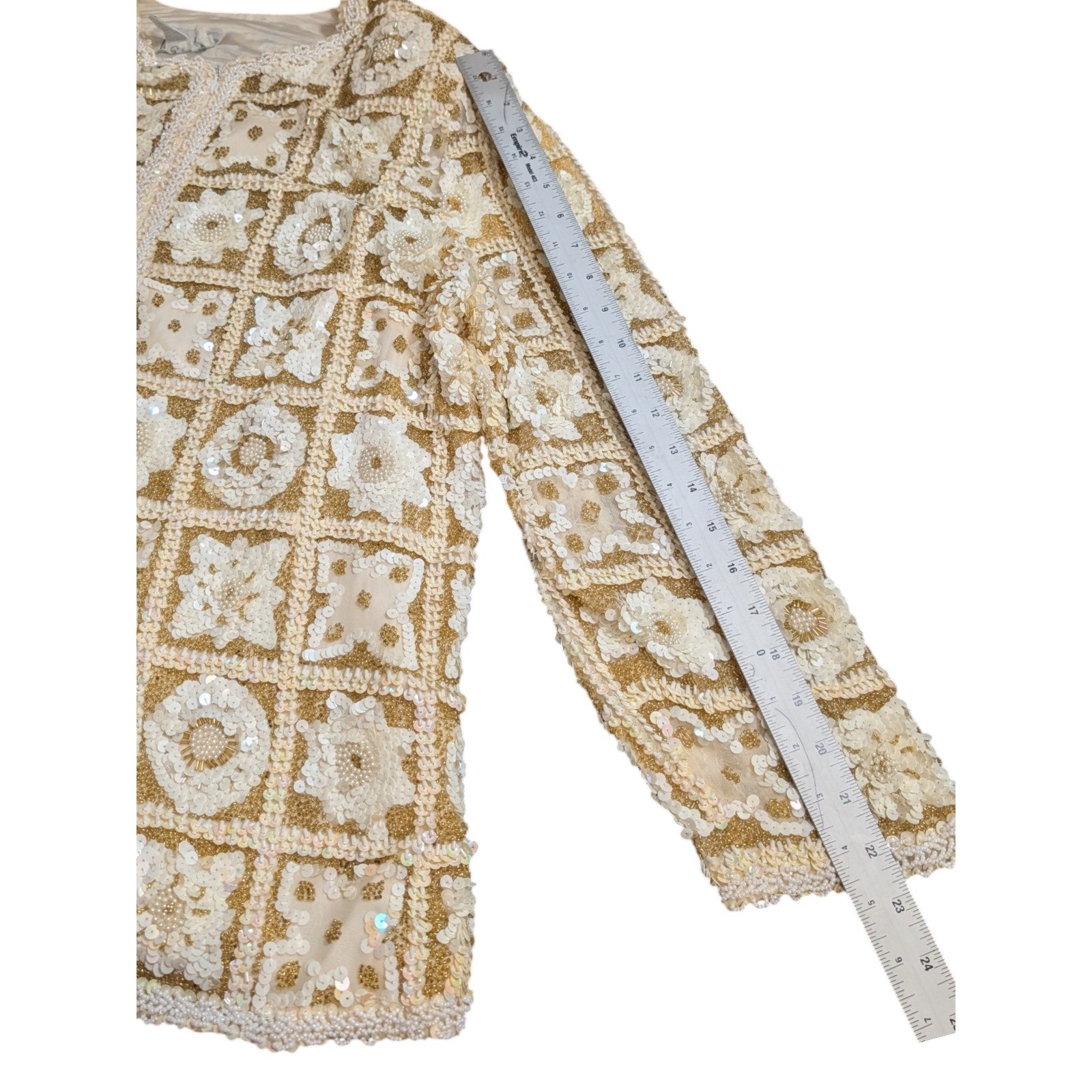 Galleria International Vintage Silk Beaded Sequin Jacket Gold Cream Floral Sz 14