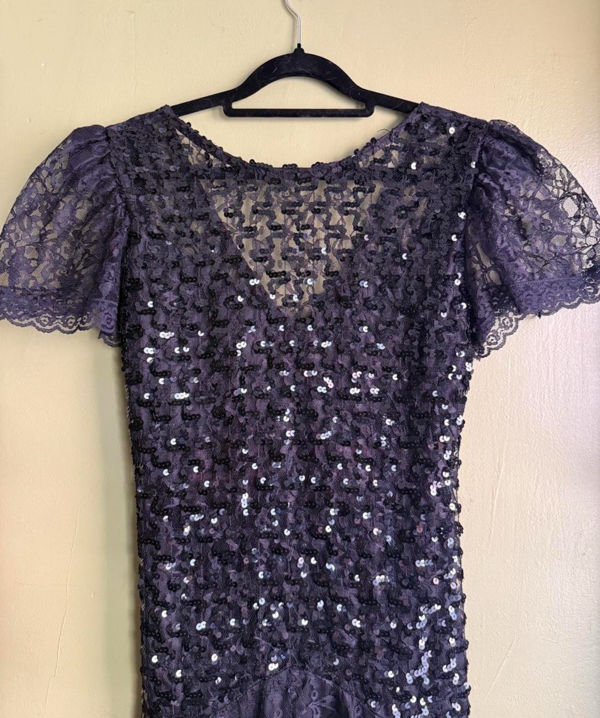 Vintage 80s Dress Sequined Tulle Lace Drop Waist Cocktail Party Dress S/M USA