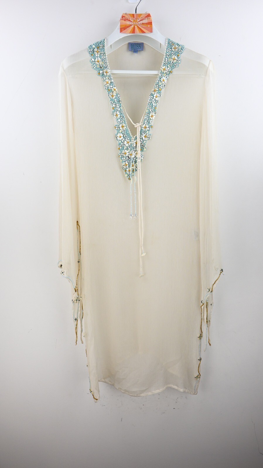 Vintage Bliss 100% silk long sleeve blouse in ecru with bead trim size M