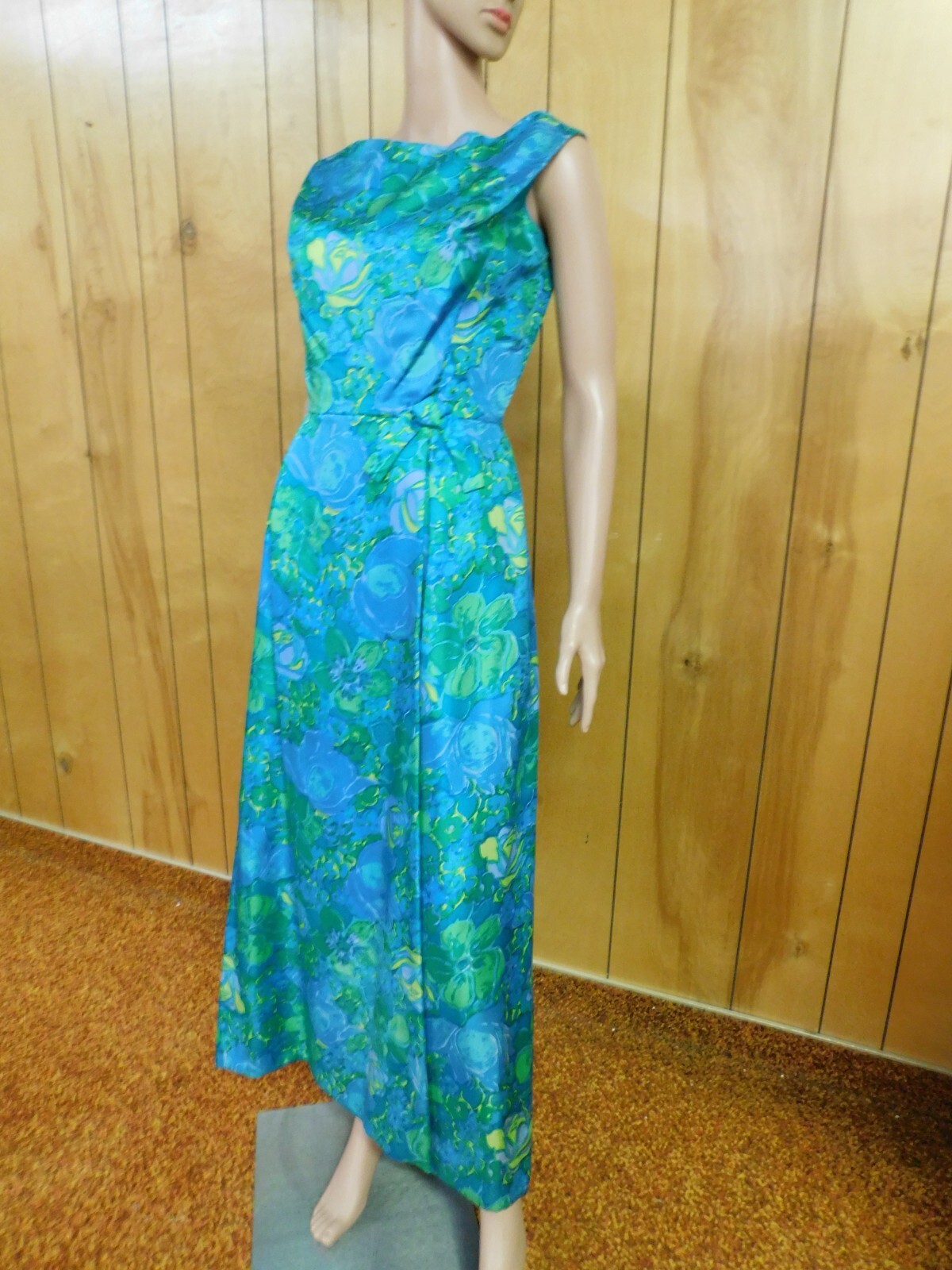 Vintage 70’s Blue Green Yellow Satin Evening Gown Pencil Dress Waist 29″*