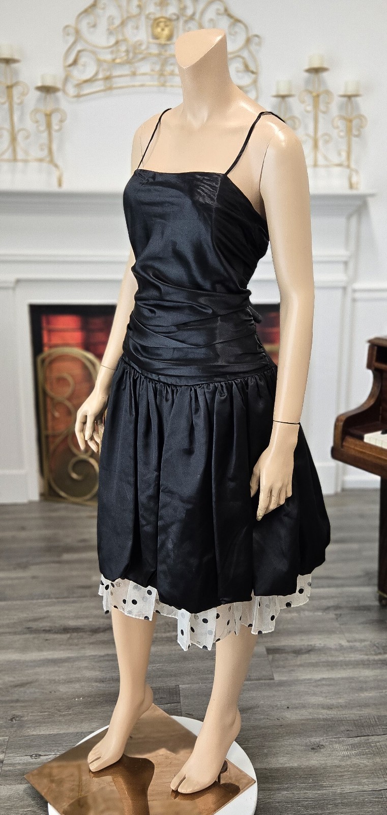 90s Black Satin Prom Dress Midi Vintage Party Homecoming Polka Dot Sz M 9/10