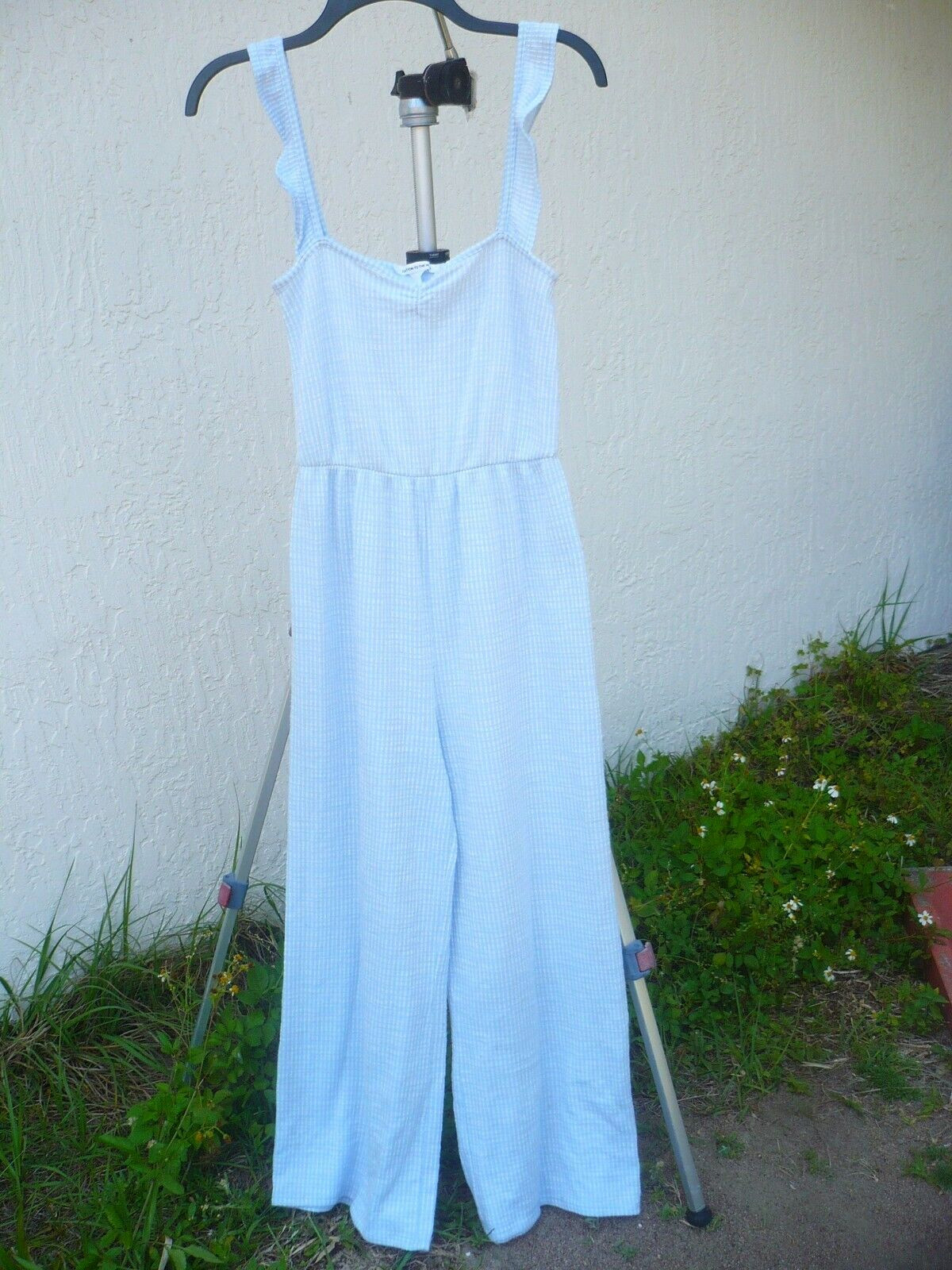 VTG 90S S XS RUFFLE STRAP BLUE JUMPSUIT WOMEN SEERSUCKER COTTON POLY SOFT SIMPLE