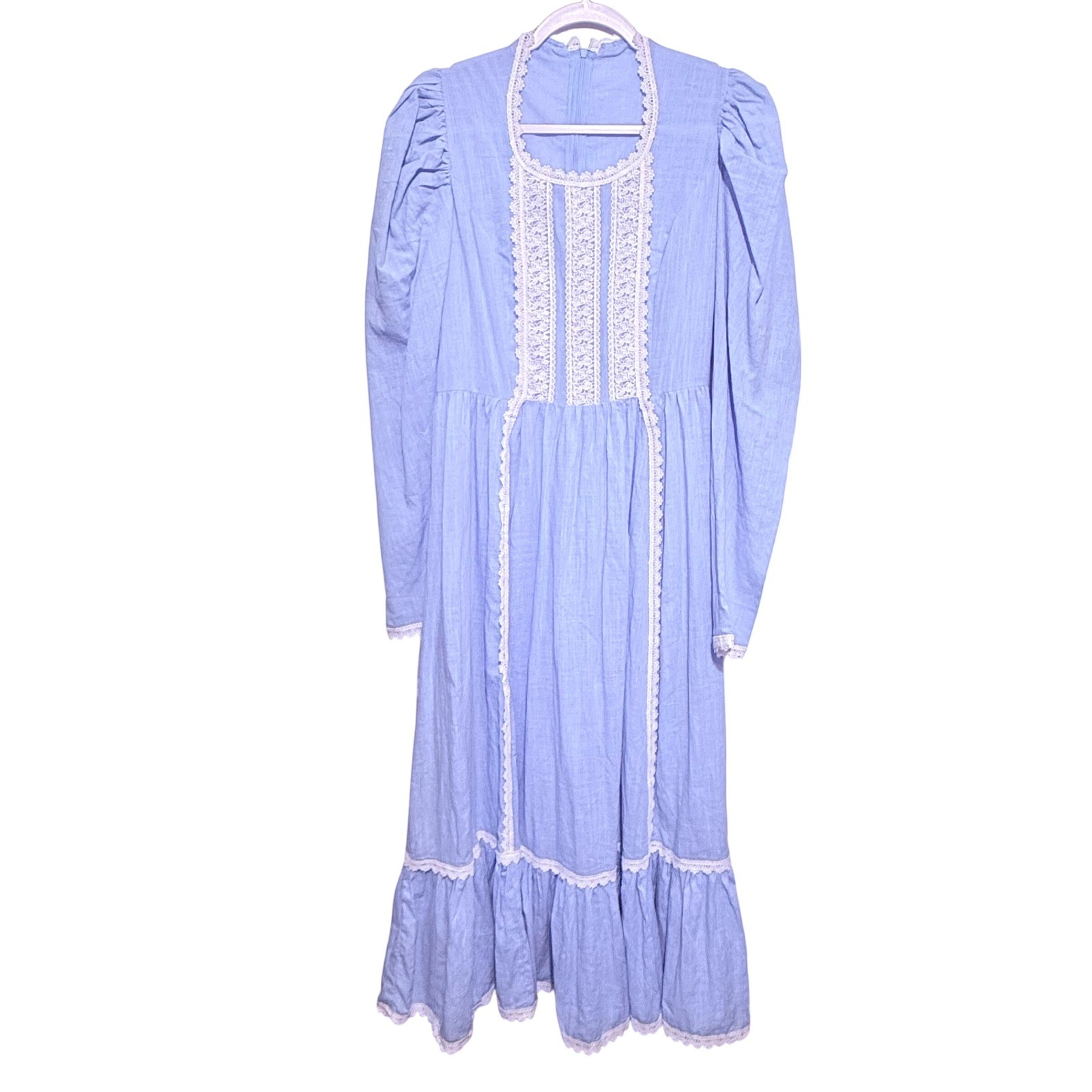 Blue Prairie Dress Lace Trim Puffed Sleeve Country Maxi No Tags