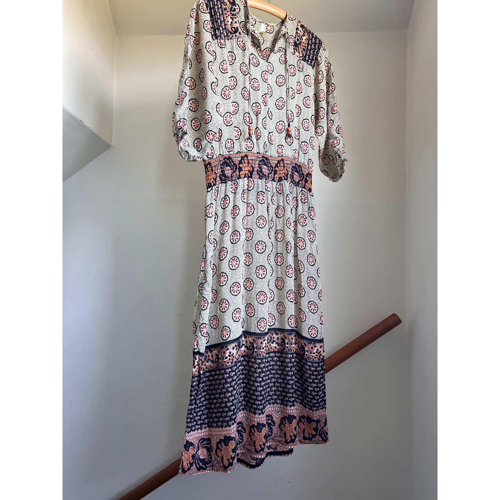Vintage 70s Midi Dress Boho Smocked Waist Semi Sheer Peasant Batik Block Print
