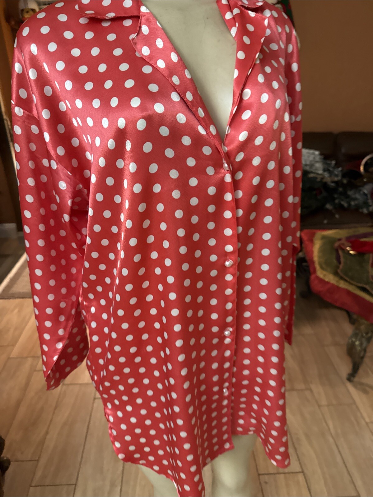 VTG Victoria’s Secret Gold Label Polka Dots Pearl Buttons Sleep ShirtSZ P/S 6b