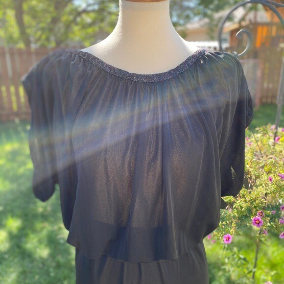 Vintage 70s Black Evening Dress Sparkle Rope Trim Split Cap Sleeve Tall Girl