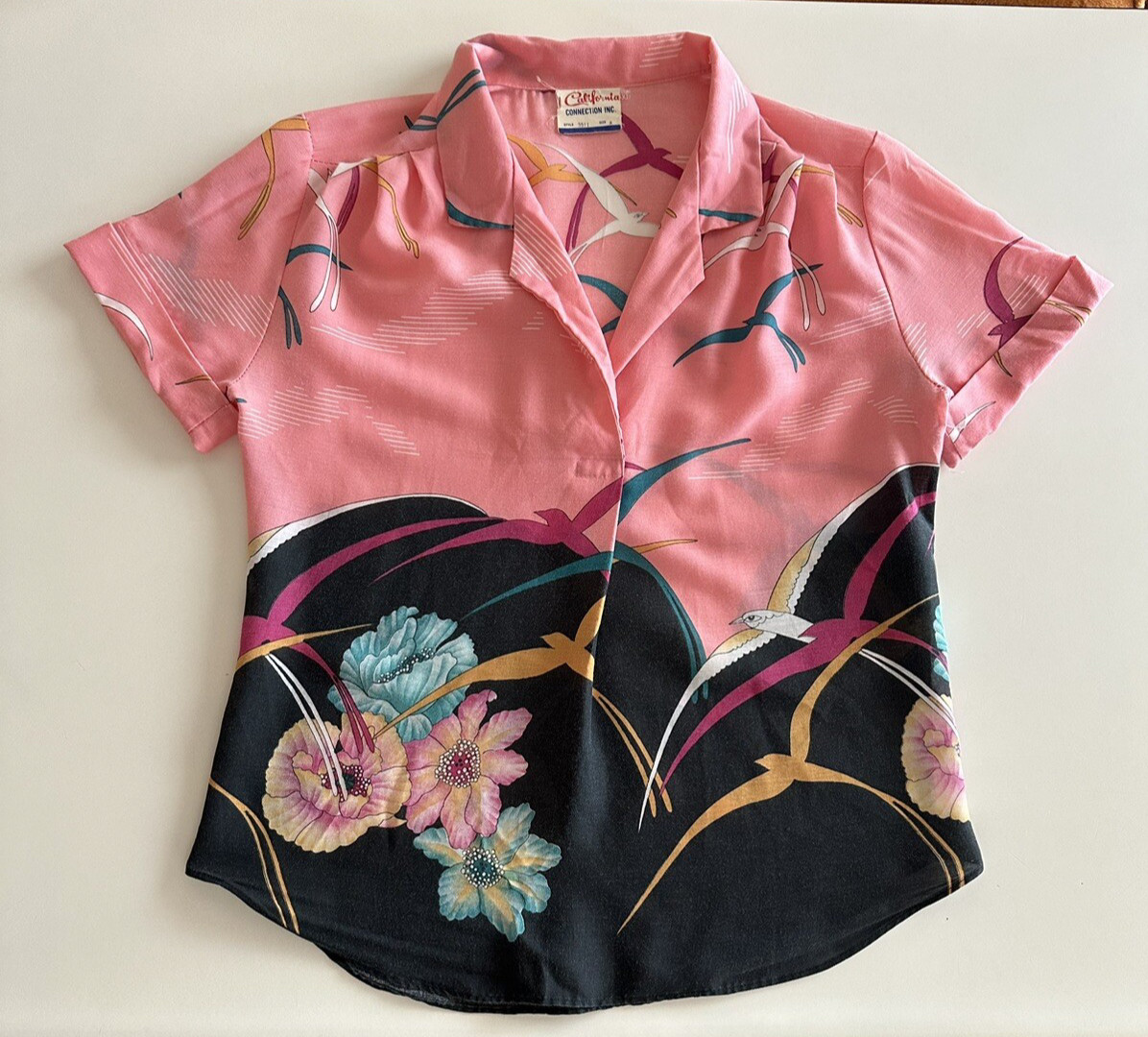 1980s California Connection Tropical Rayon Blouse Pink Bird Print Made USA VTG