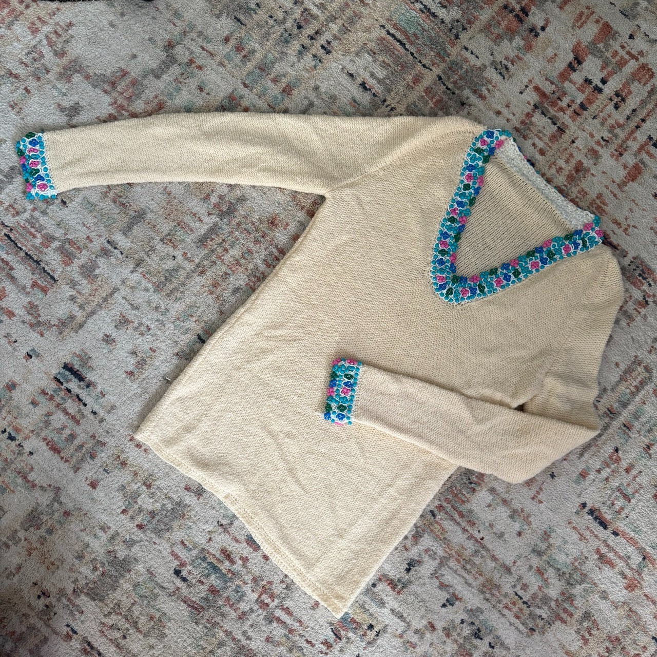 Cream Vintage sweater with blue, pink and white beading