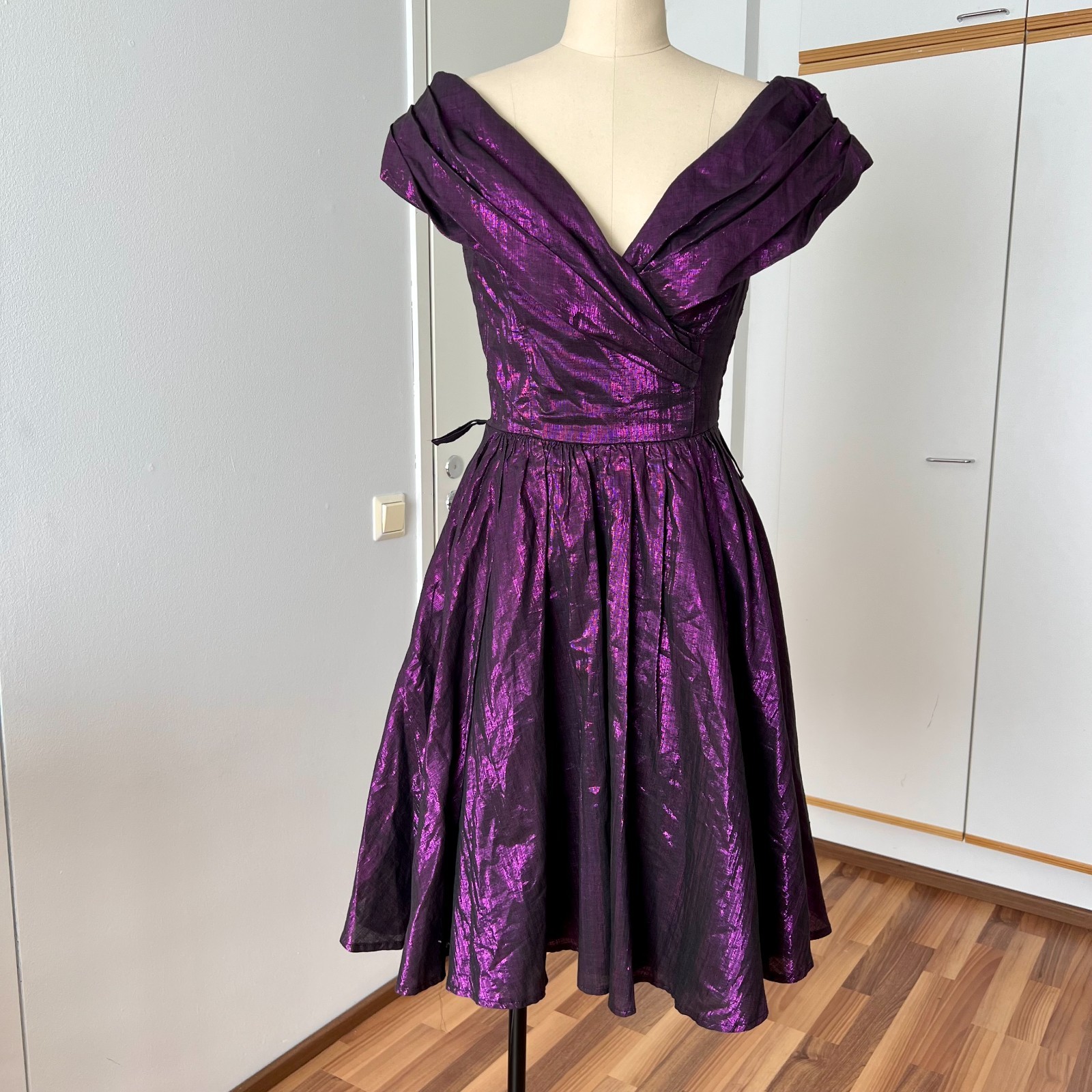 1980s Purple Off Shoulder Cocktail Party Dress Cotton Blend Aline Midi Retro 36
