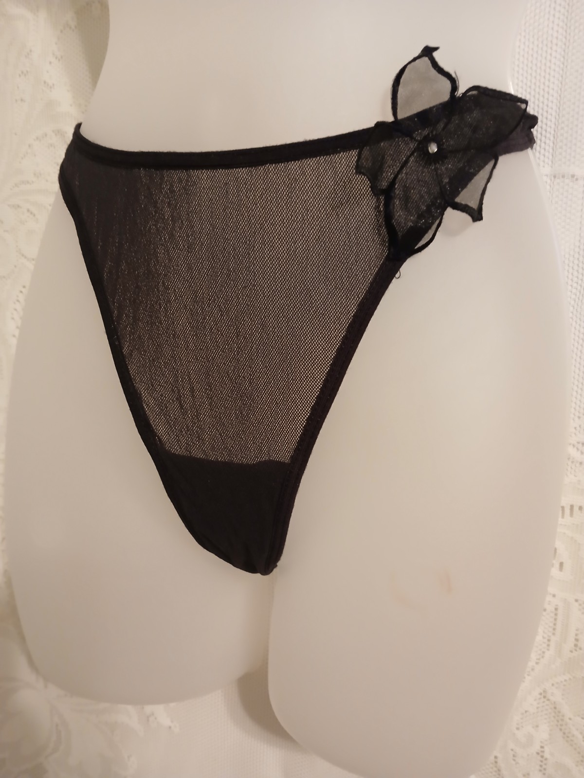 Vintage Secret Treasures Black Sheer Chiffon Flower G-String Thong Panties S