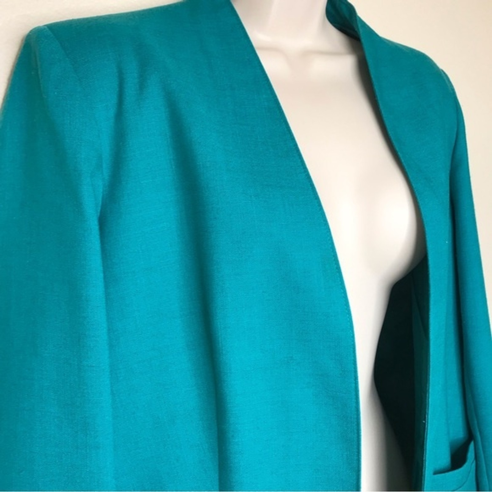 Vintage Tan Jay Div of Nygard Linen Blend Teal Open Front Blazer Jacket Women 12