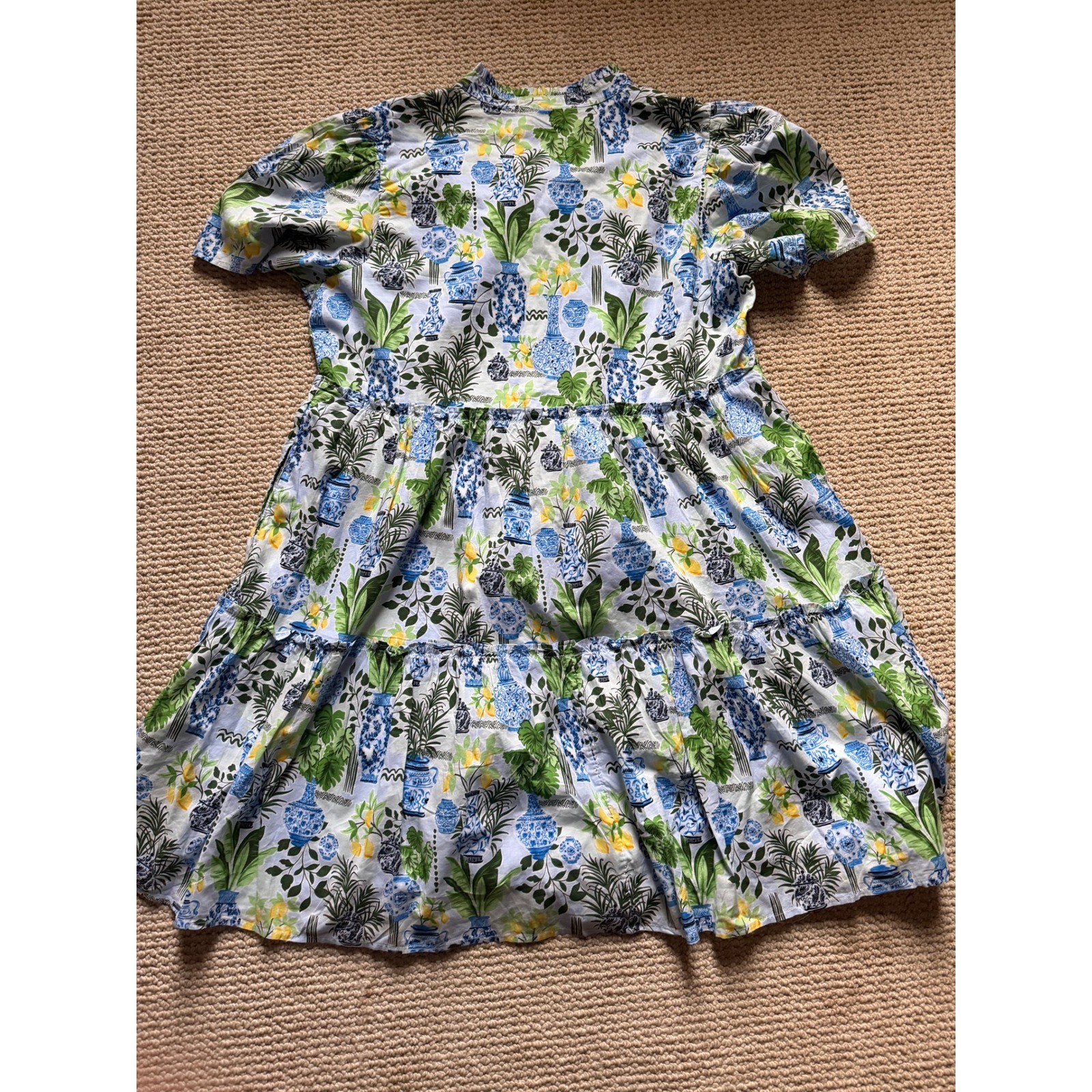 Crown & Ivy Blue & Green Chinoiserie Vase Tiered Ruffle Dress Size M 100% Cotton