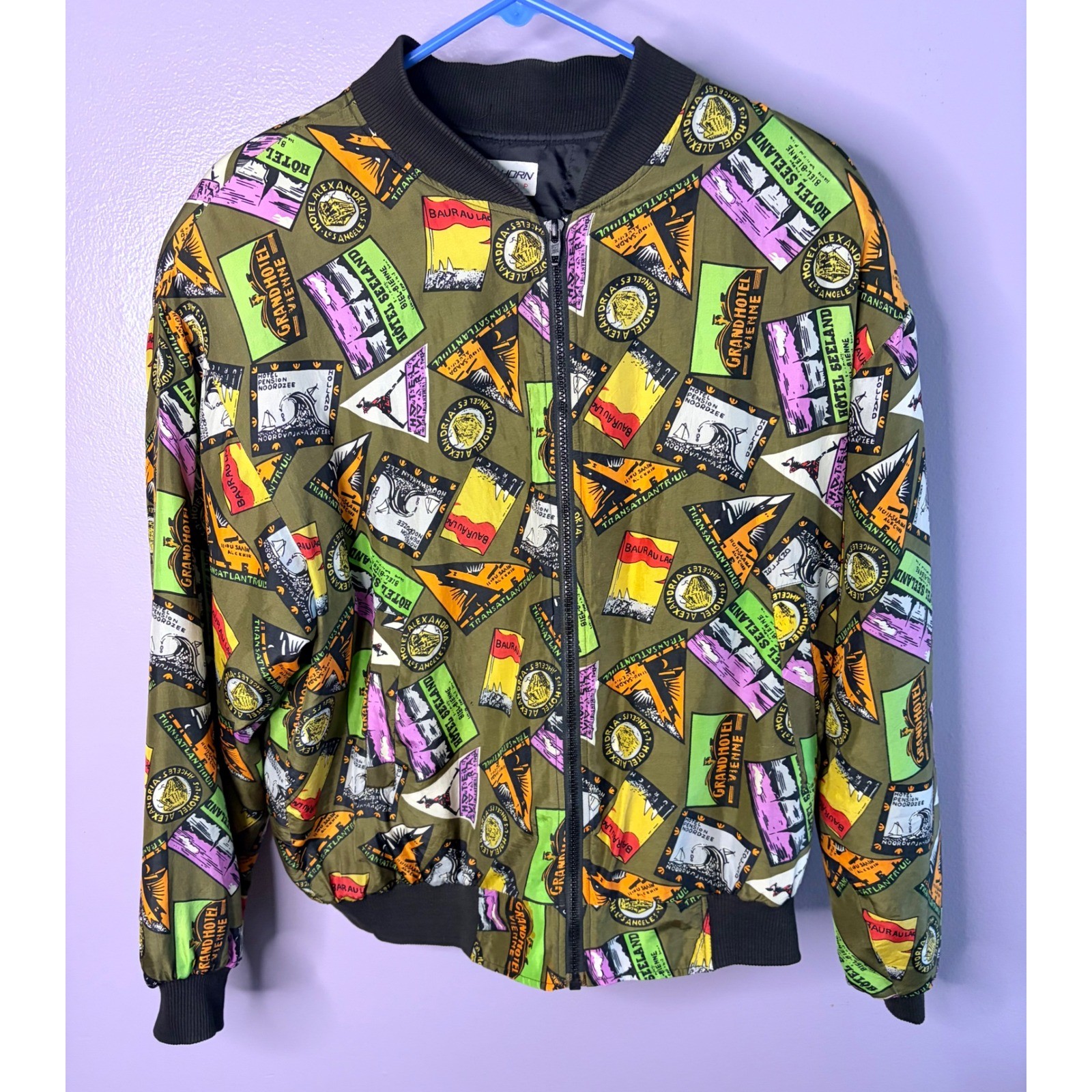 Vintage Carol Horn Workshop 100% Silk Medium Retro Hotel Stamp Bomber Jacket