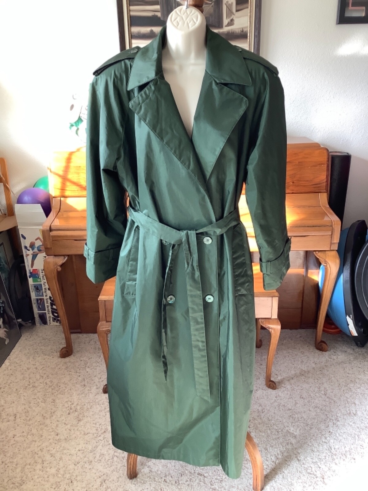 Vtg 80’s CHIANGO Fleet Street Shiny Green TRENCH COAT Removable Liner Women’s 10