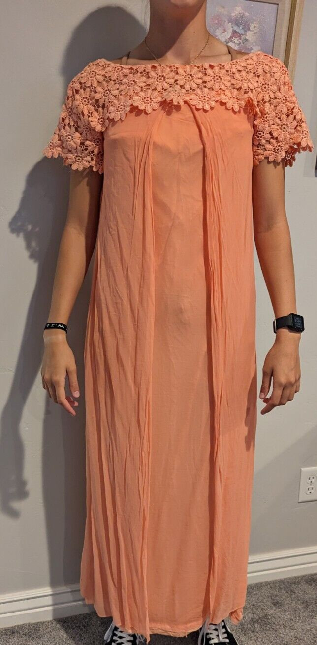 60s Vintage Sylvia Ann Peach Chiffon Retro Daisy Dress Size Small