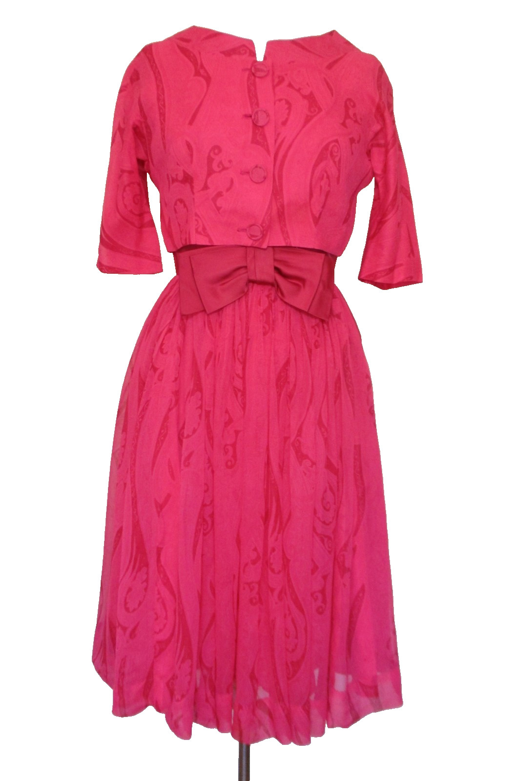 Vintage 50s L’Aiglon Women’s 2 Pc Pink Silk Chiffon Dress & Jacket Suit Set S