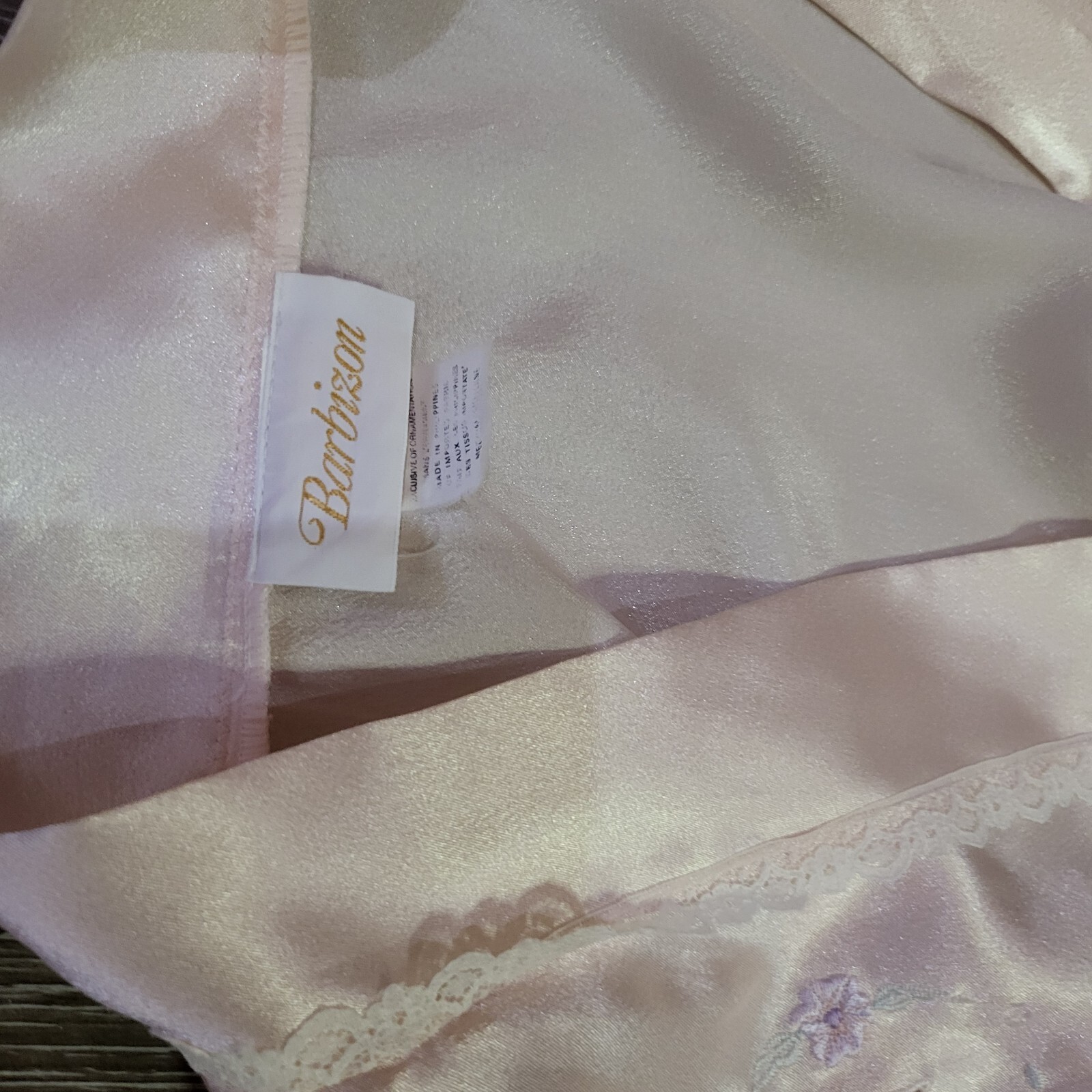 Vintage Barbizon Satin Robe Pink Nude Ribbon Embroidered Tie Sleep Tie Lace