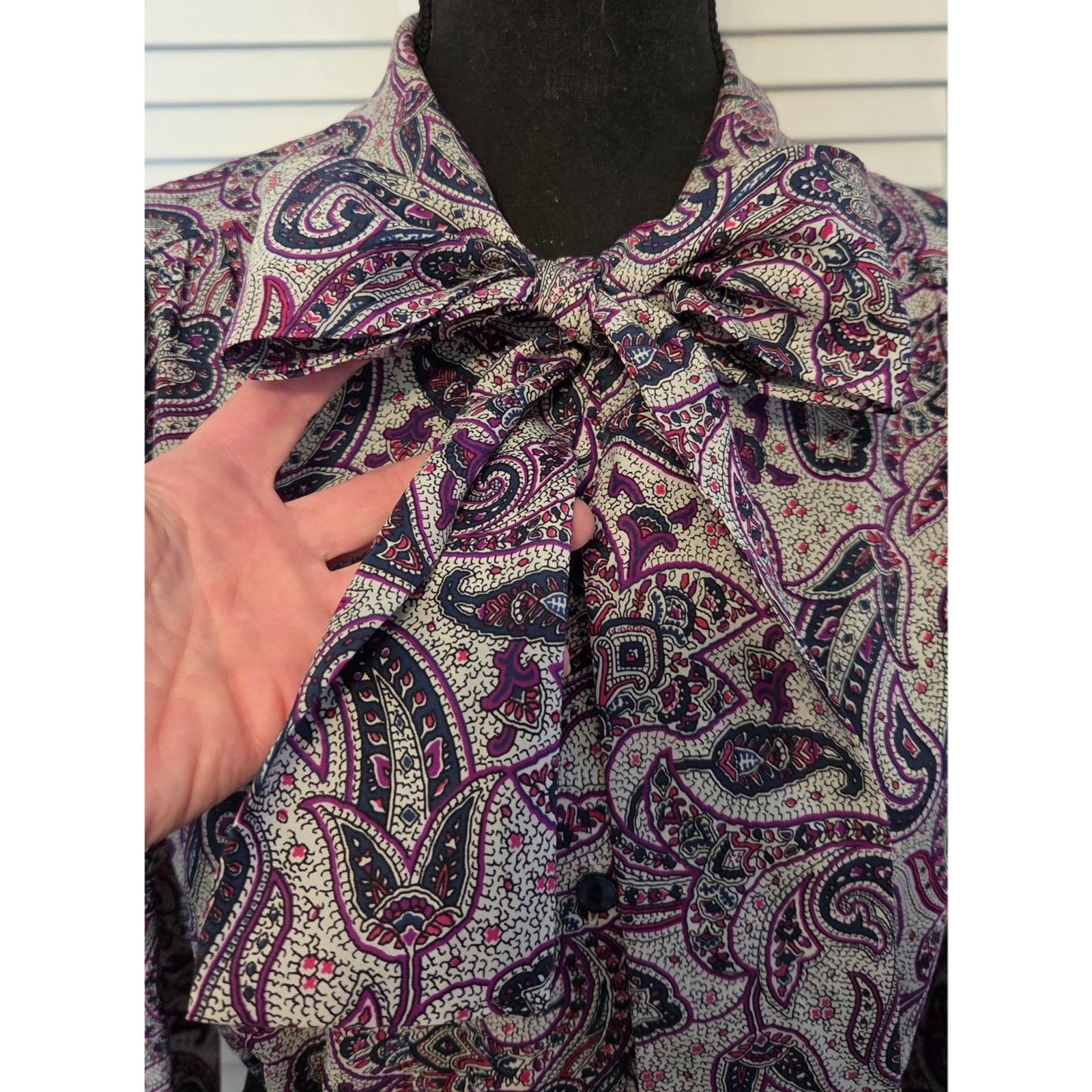 Vintage Ms. Bond Paisley Kitty-Bow Blouse-Purple & Gray, Sz Med