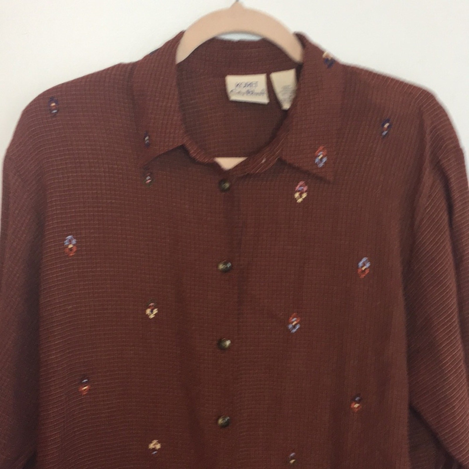 Vintage plaid long sleeve floral embroidered shoulder pad button down shirt sz M
