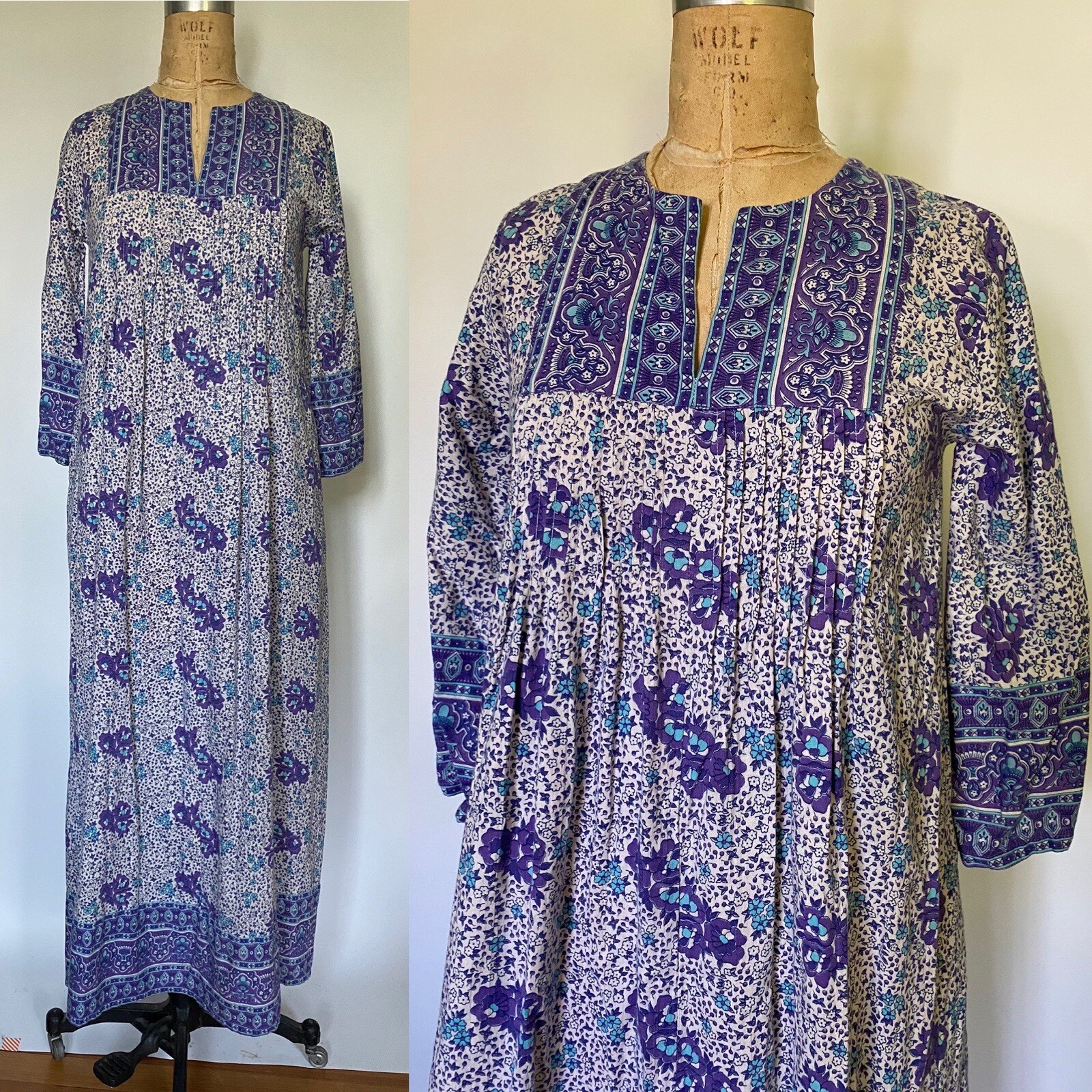 1970’s Cotton Floral Block Print Caftan With Pockets And Belt by Ramona Rull