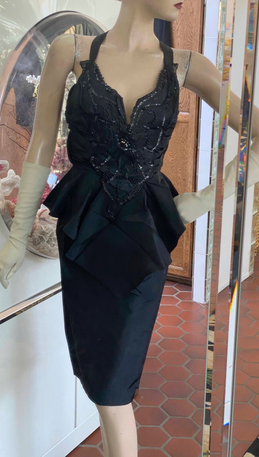 VTG XS SEXY 70s 80s Peplum Wiggle Dress Climax Karen Okada David Howard