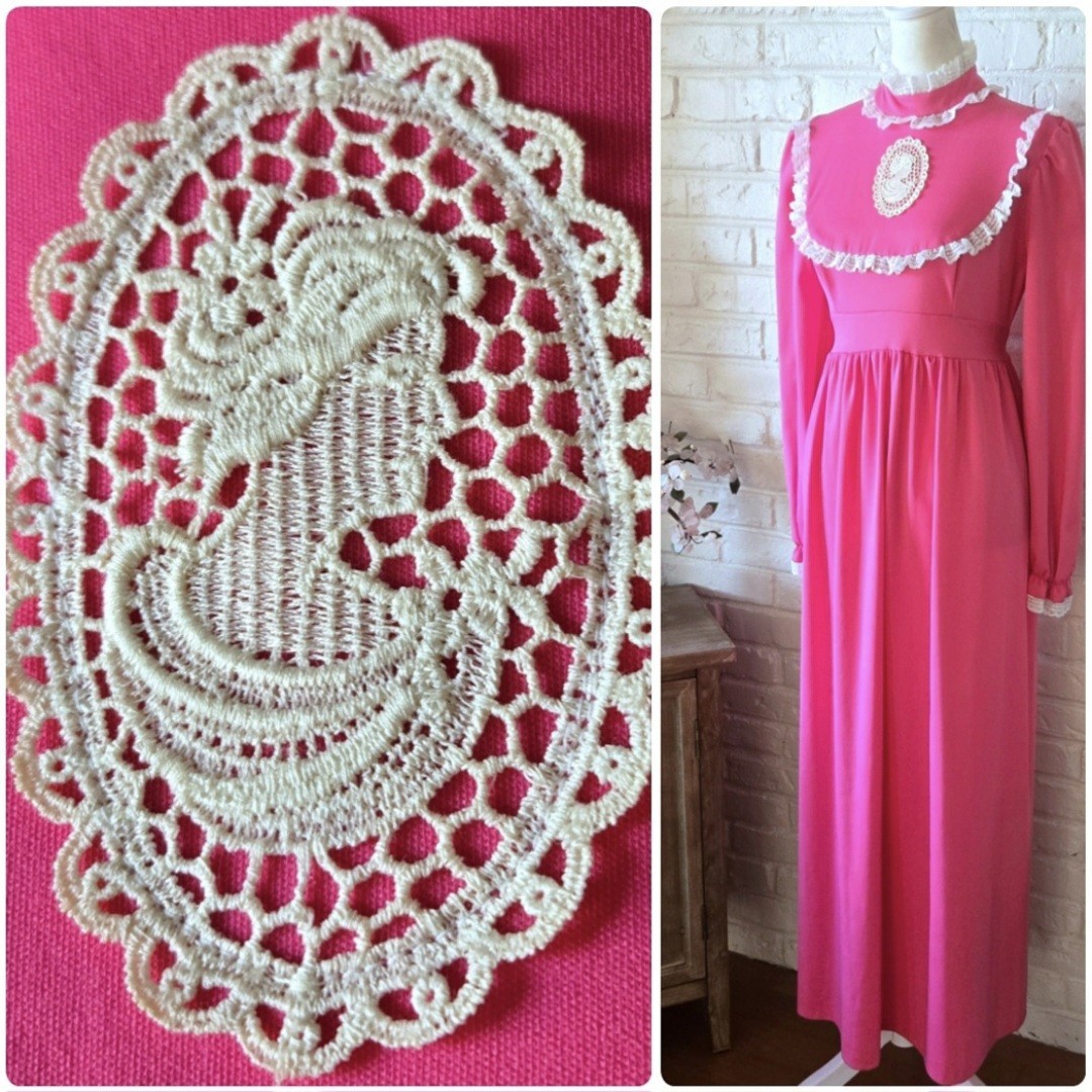 Vtg 60s 70s Pink Cameo Maxi Dress, Lace Trim, Sash, Long Sleeve, Party, Union