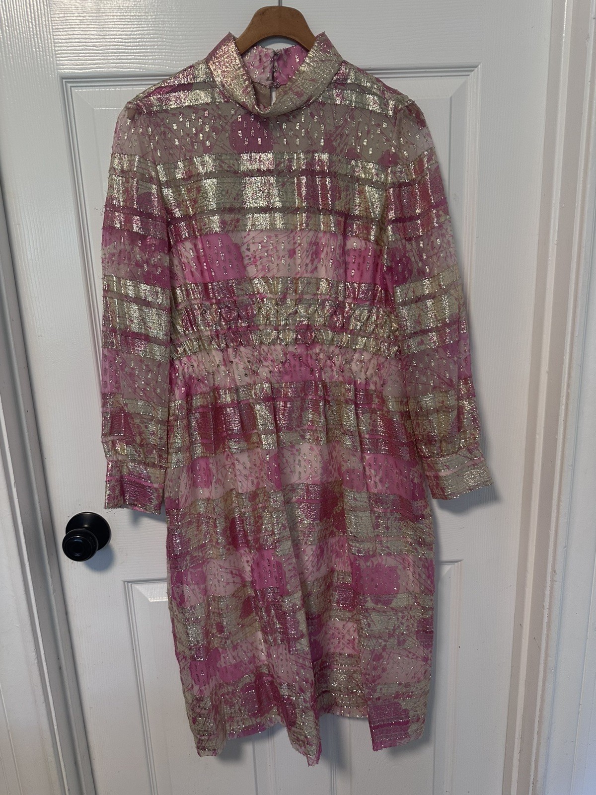 Vintage 1960’s PINK silk dress Gold Brocade Mod Metallic Rhinestones Bollywood