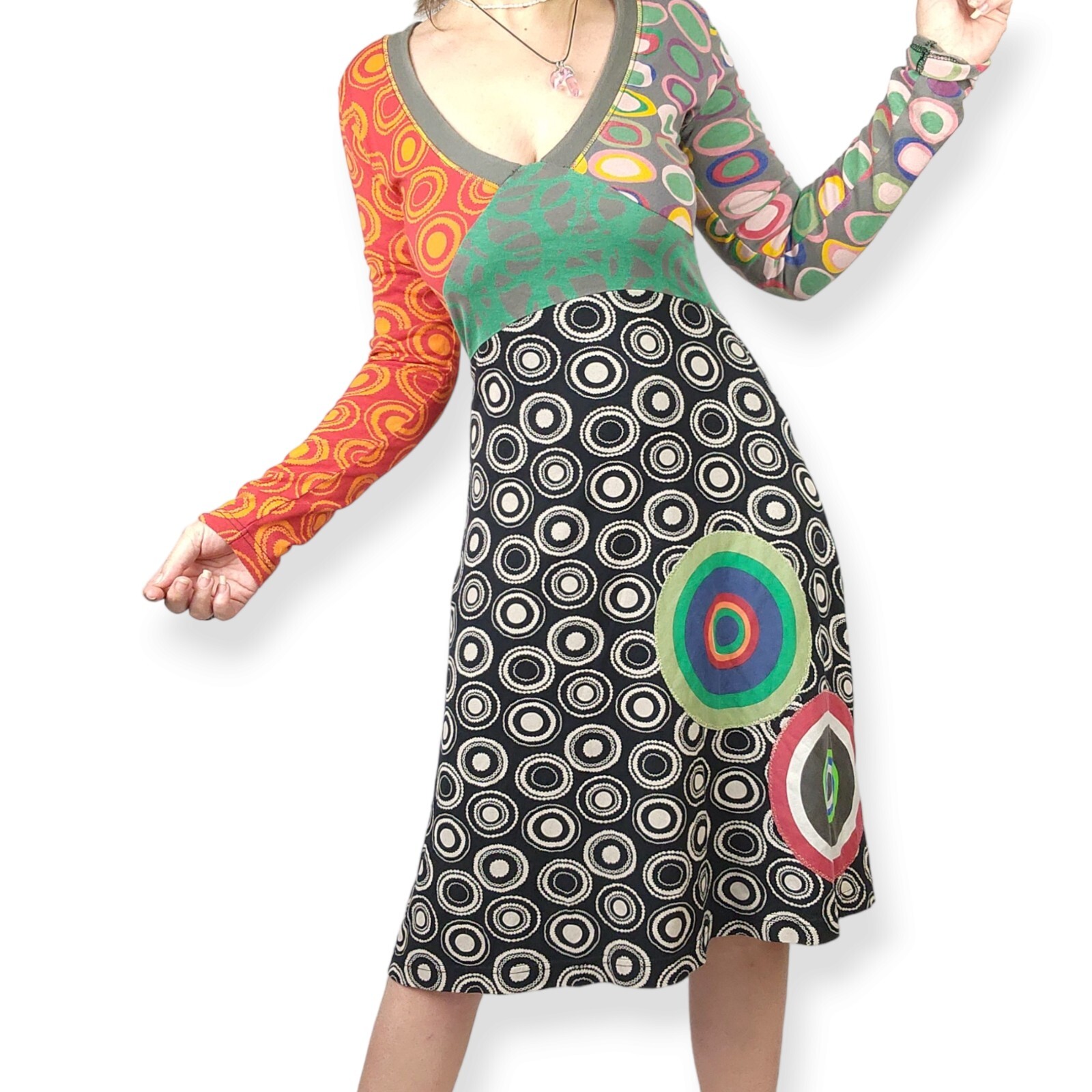 Vintage Desigual Dress Ladies L Retro Rainbow Midi Graphic Applique Embroidered