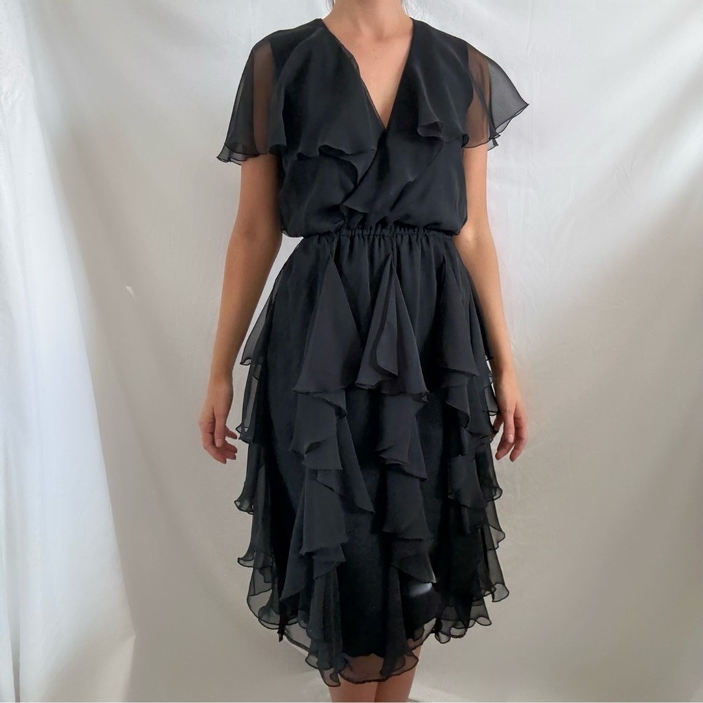 Vintage black sheer ruffle layer dress semiformal lizzy and Johnny by Lucero
