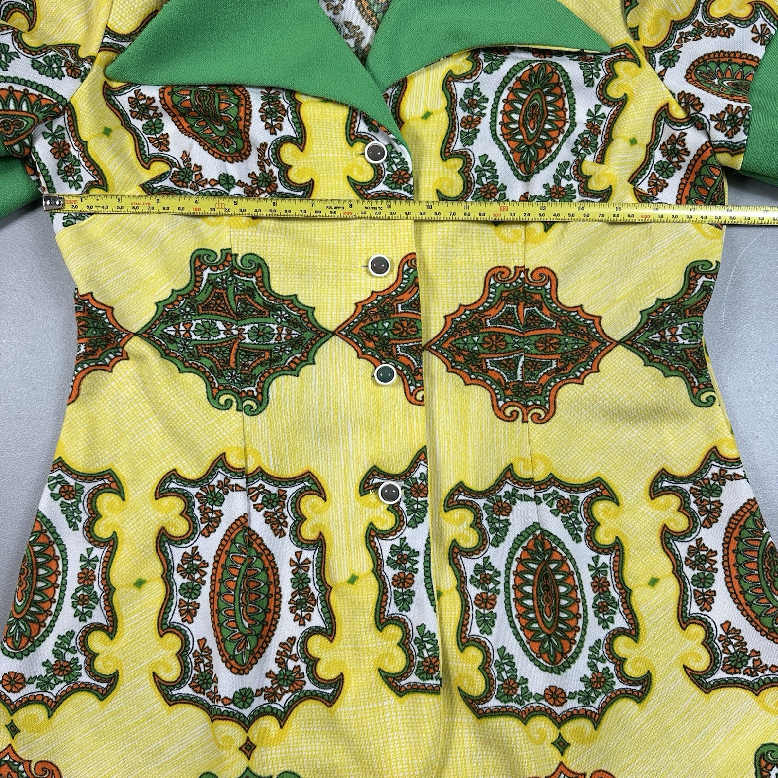 Vintage 1970s Women’s Top Button Front Blouse Yellow Green Groovy Large