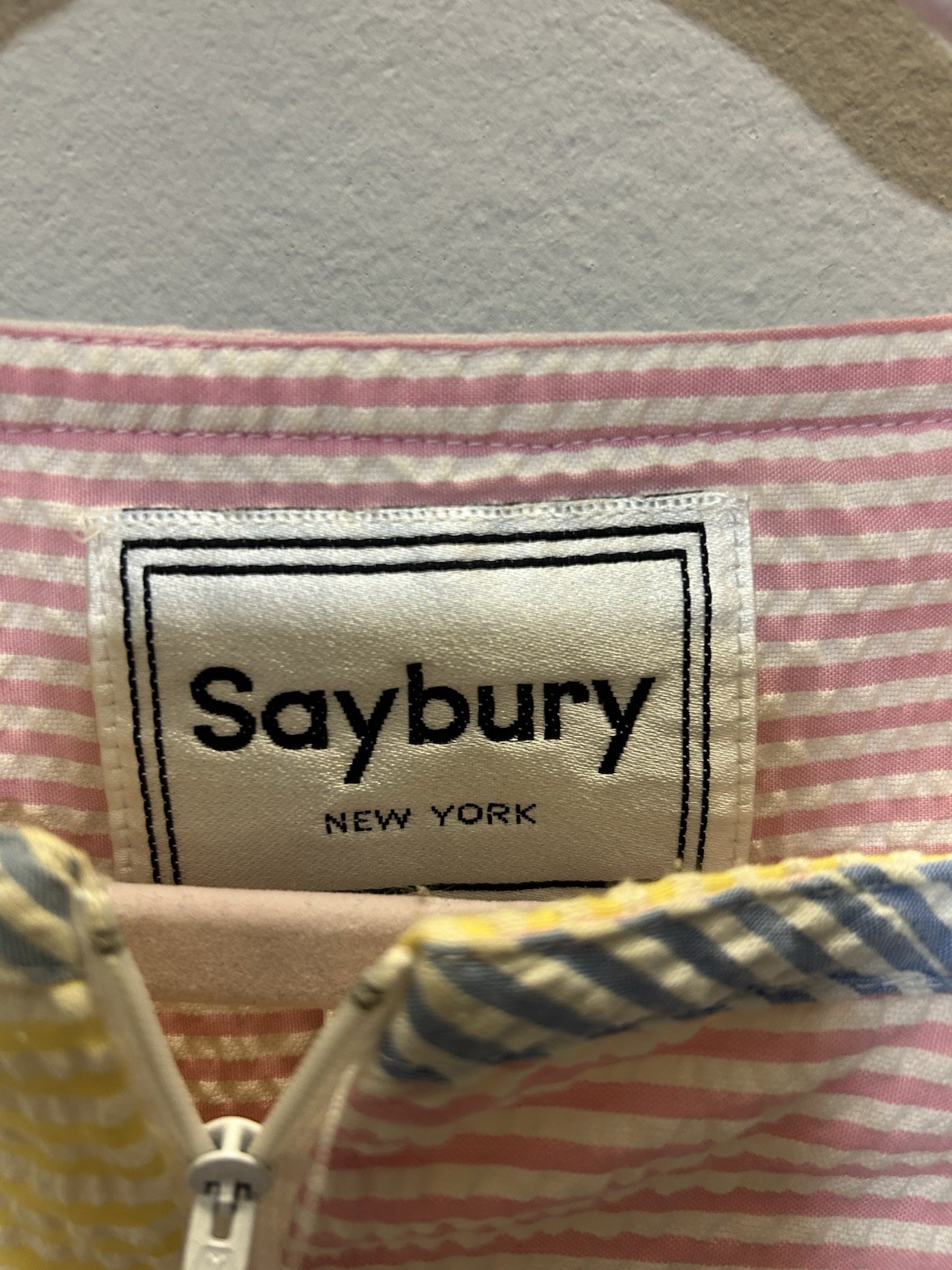 Vintage 80s Saybury Seersucker Pastel Colorblock House Dress Petite Fits S/M