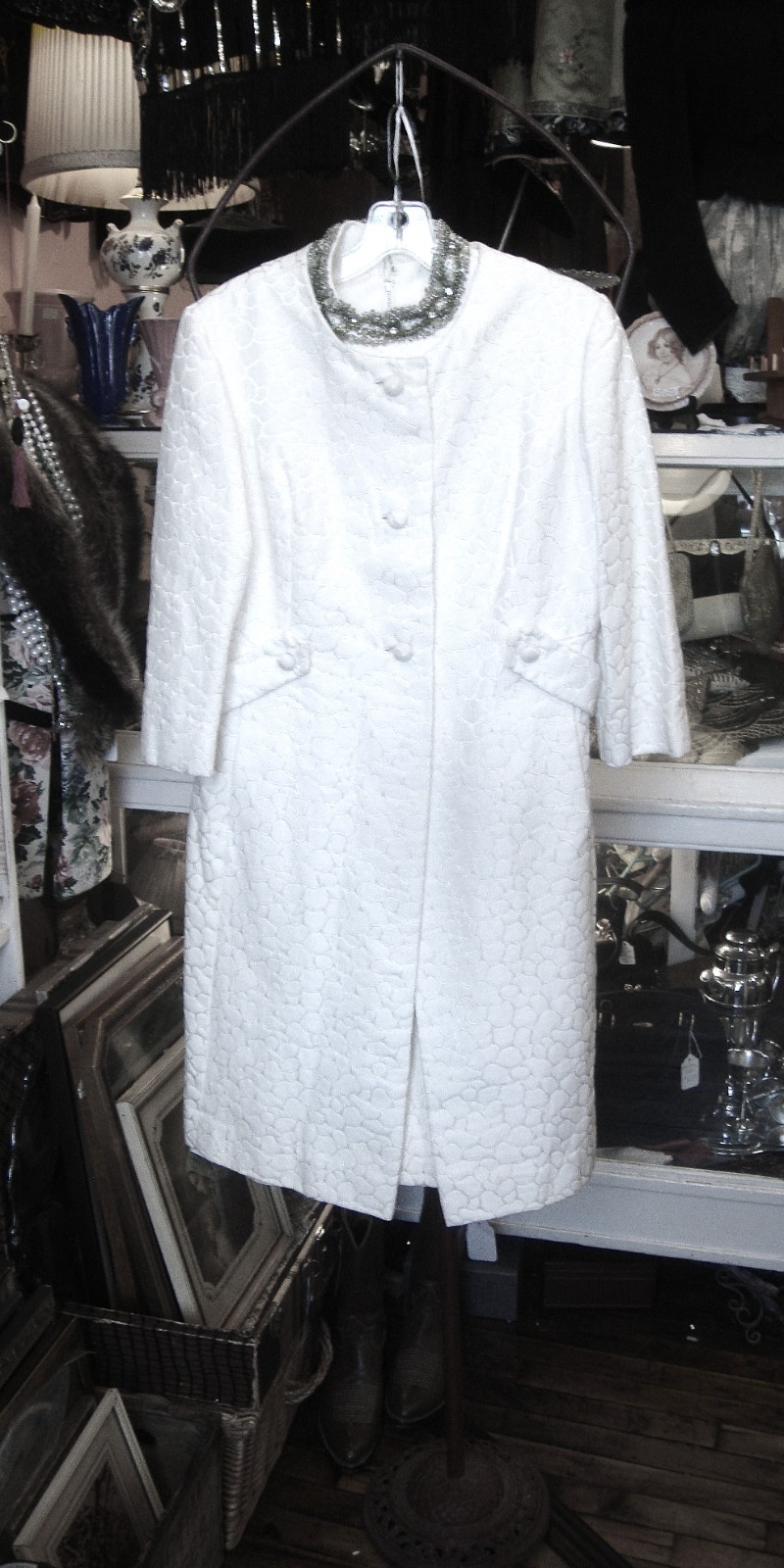 Vintage 1960’s Coat and Dress Ensemble with Beaded Neckline/ Size M