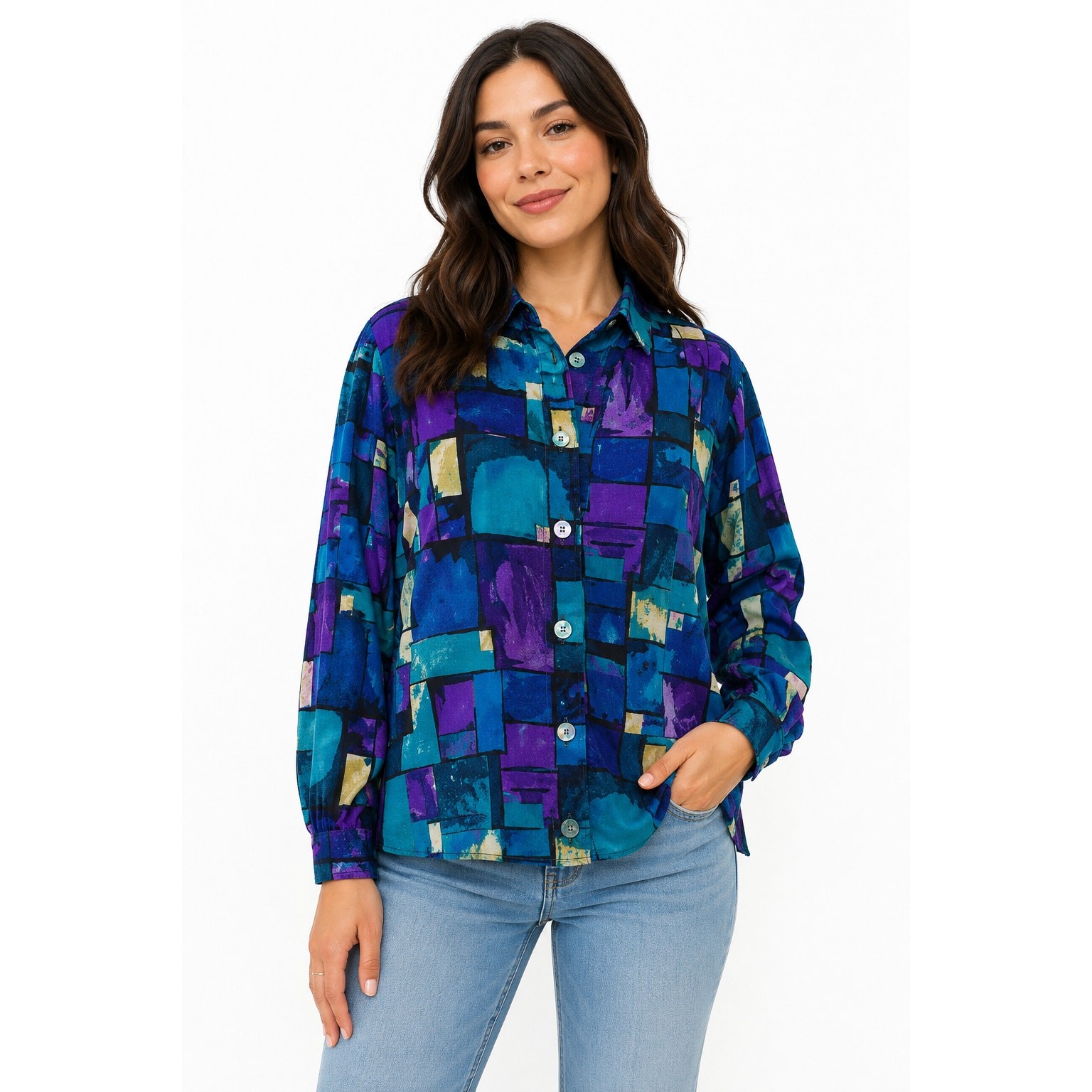 Vintage 80s Women’s Medium Sears Geometric Blouse Purple Teal Button Front Shirt