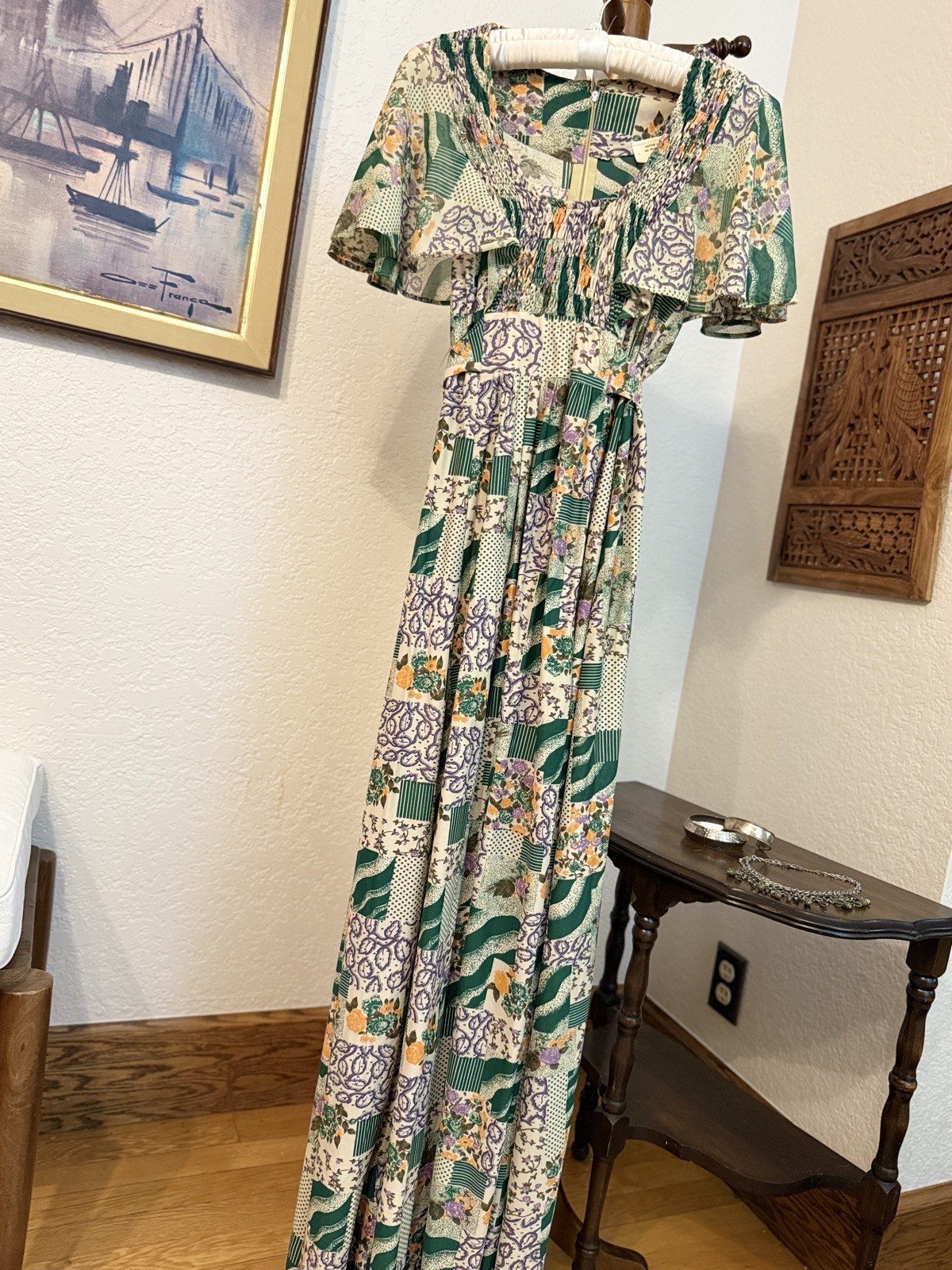 Vintage Handmade NWOT Polyester Patchwork Maxi Dress Smocked Tie Waist Small