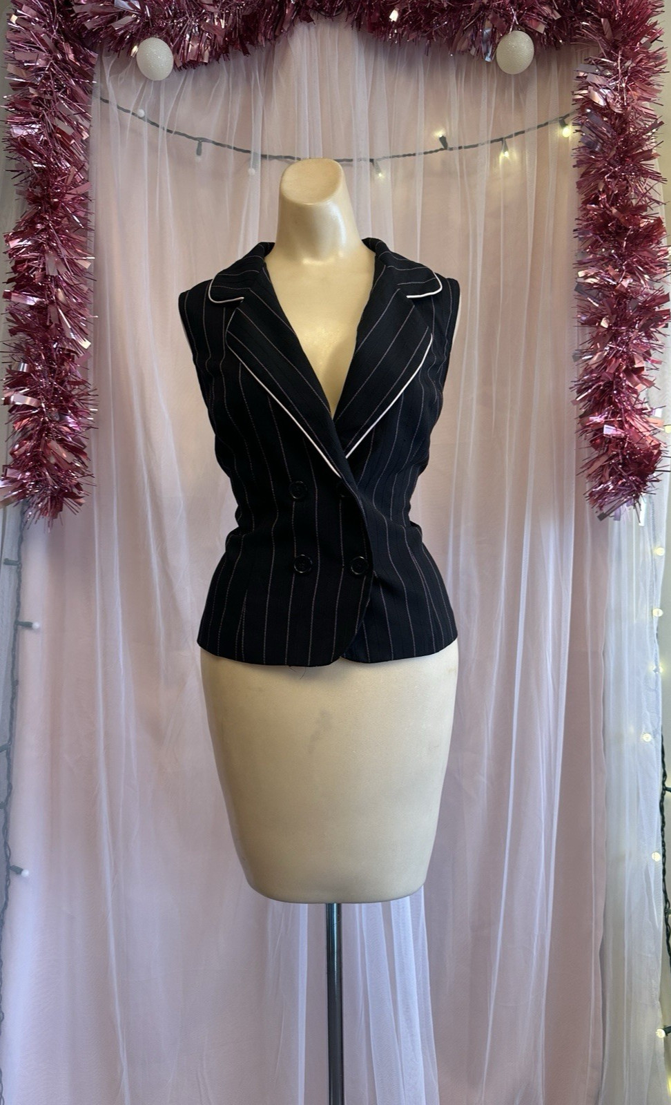 Vintage 90s Pinstripe Vest Top Black Pink Sleeveless Preppy Minimalist M/L