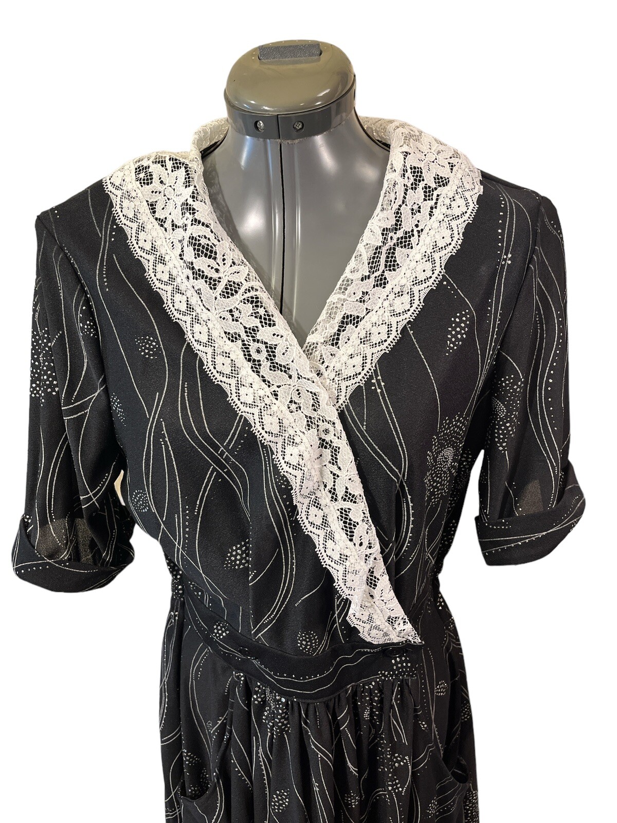 VTG Goldworth Womens Dress 1970s Sparkle Flowers Lace Collar Pockets Size 17/18