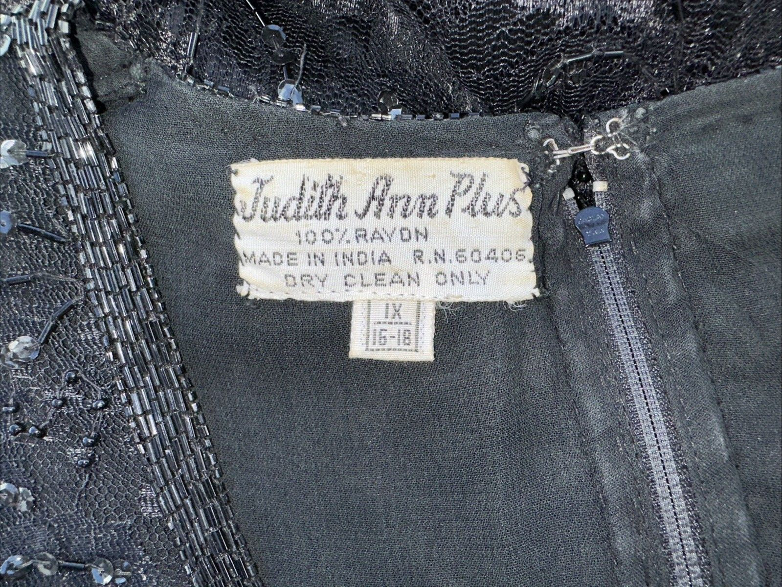 VTG JUDITH ANN CREATIONS BLACK SILK HEAVELY BEADED ASYMMETRIC HEM DRESS Sz XL