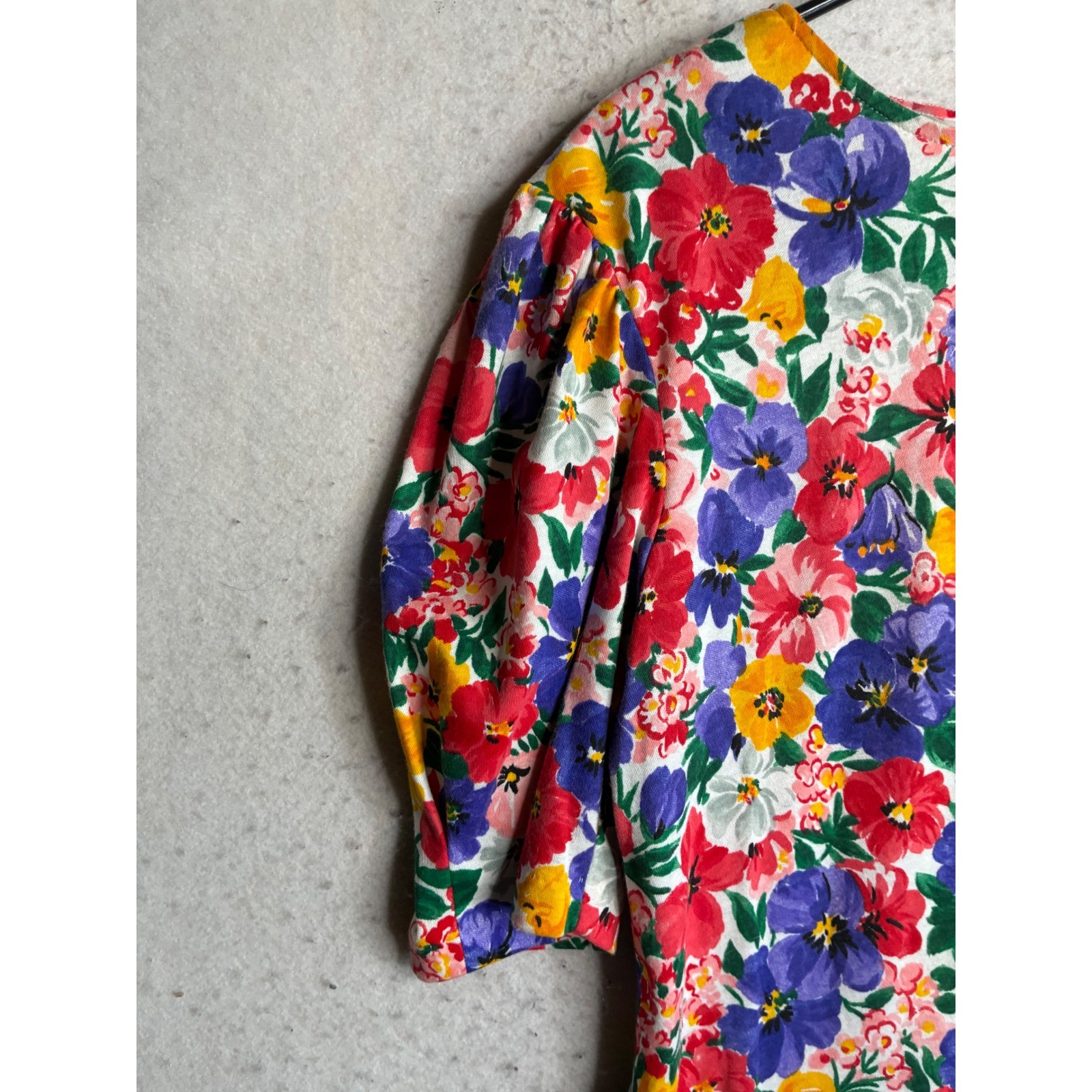 Vintage Expo Floral Ruching Midi Dress Multi Color Pansy Puff Sleeve USA Made 12