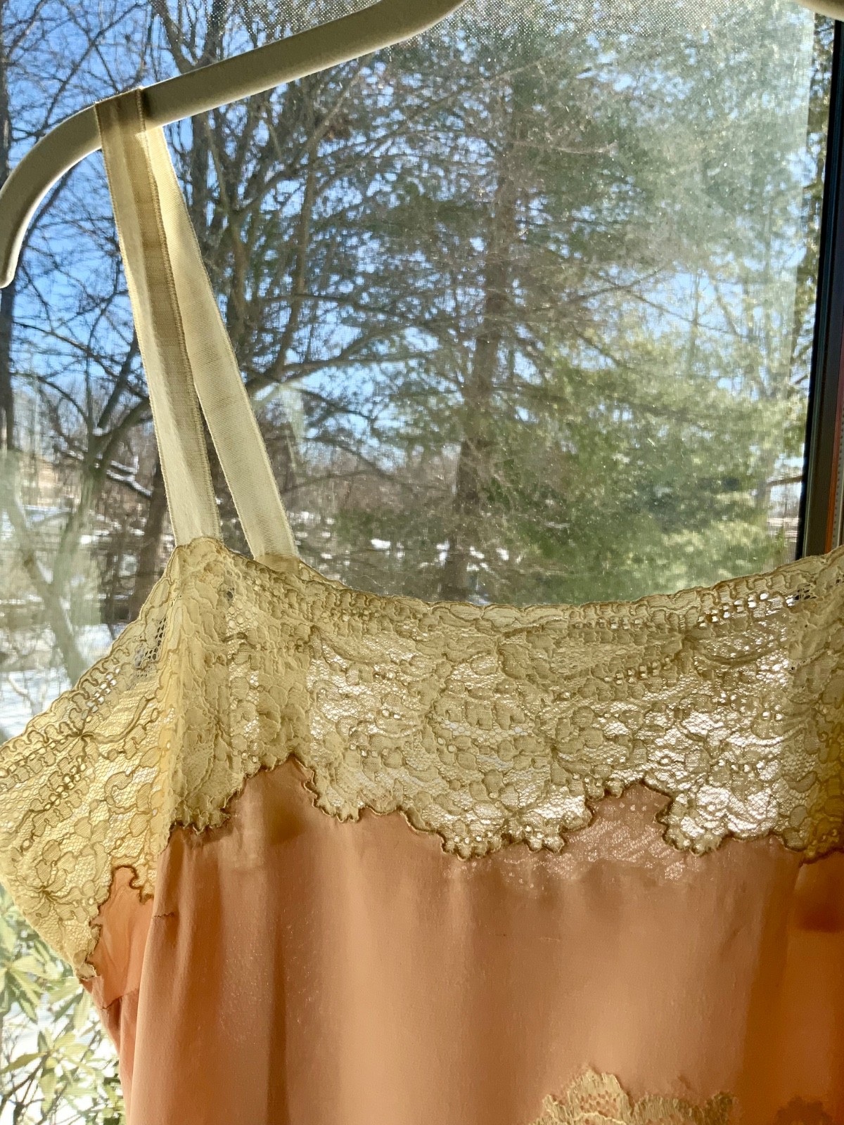 1940s Peach Silk Slip Dress with Antique Lace Appliqué — Pure Silk Boudoir Dress